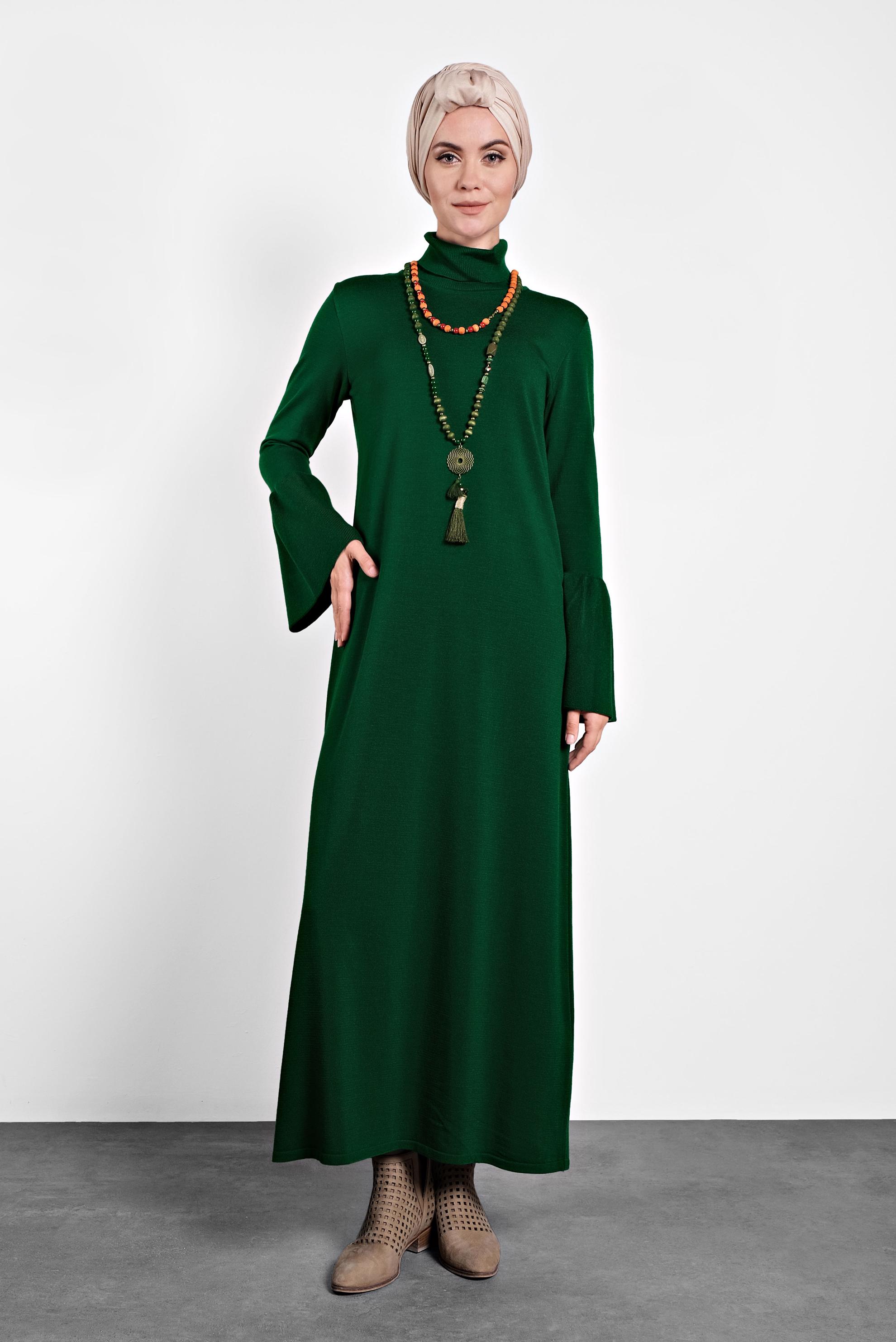 Hijab clothing GREEN TURTLENECK FLOUNCED-CUFFS VOLUMINOUS DRESS 40012