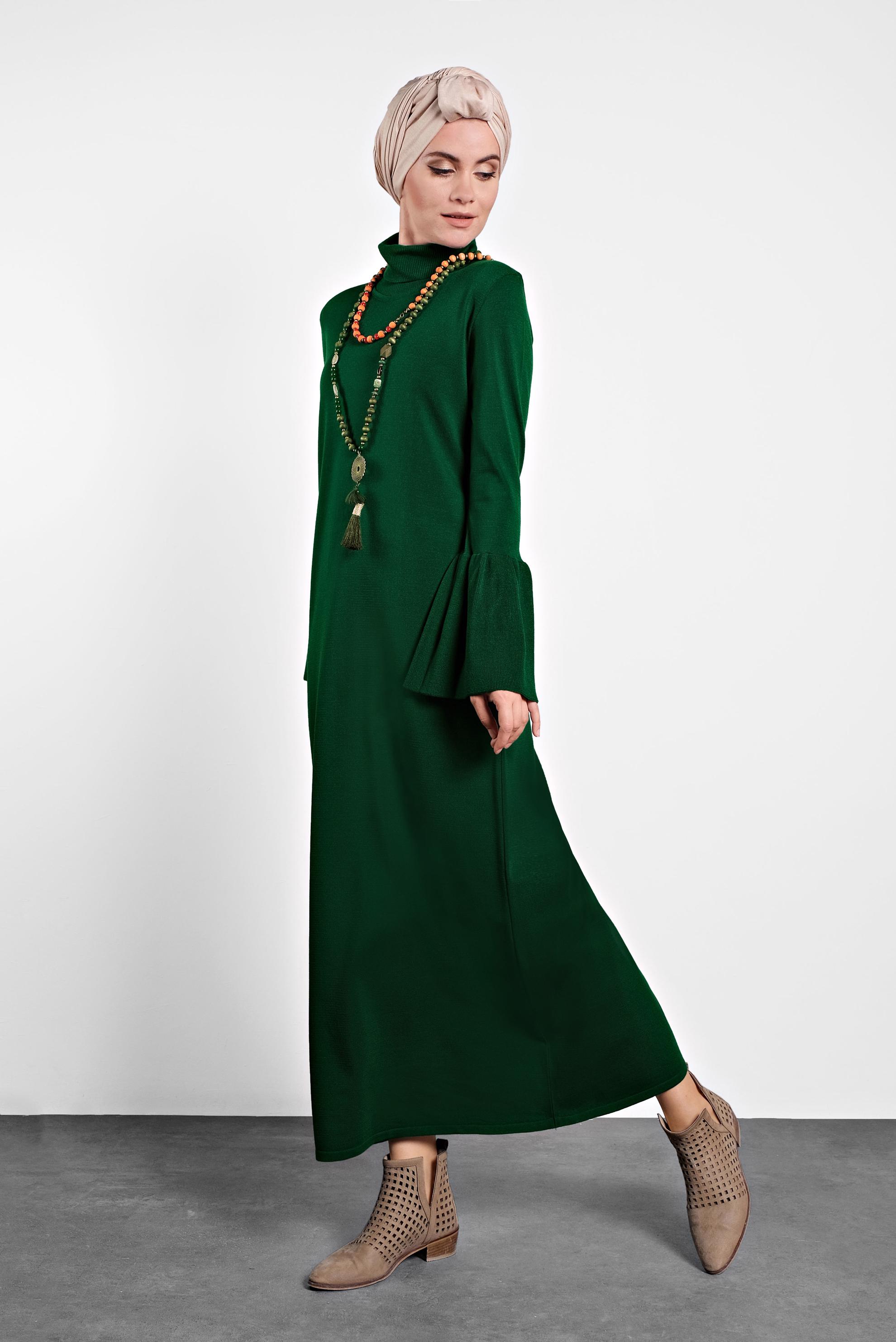 Hijab clothing GREEN TURTLENECK FLOUNCED-CUFFS VOLUMINOUS DRESS 40012