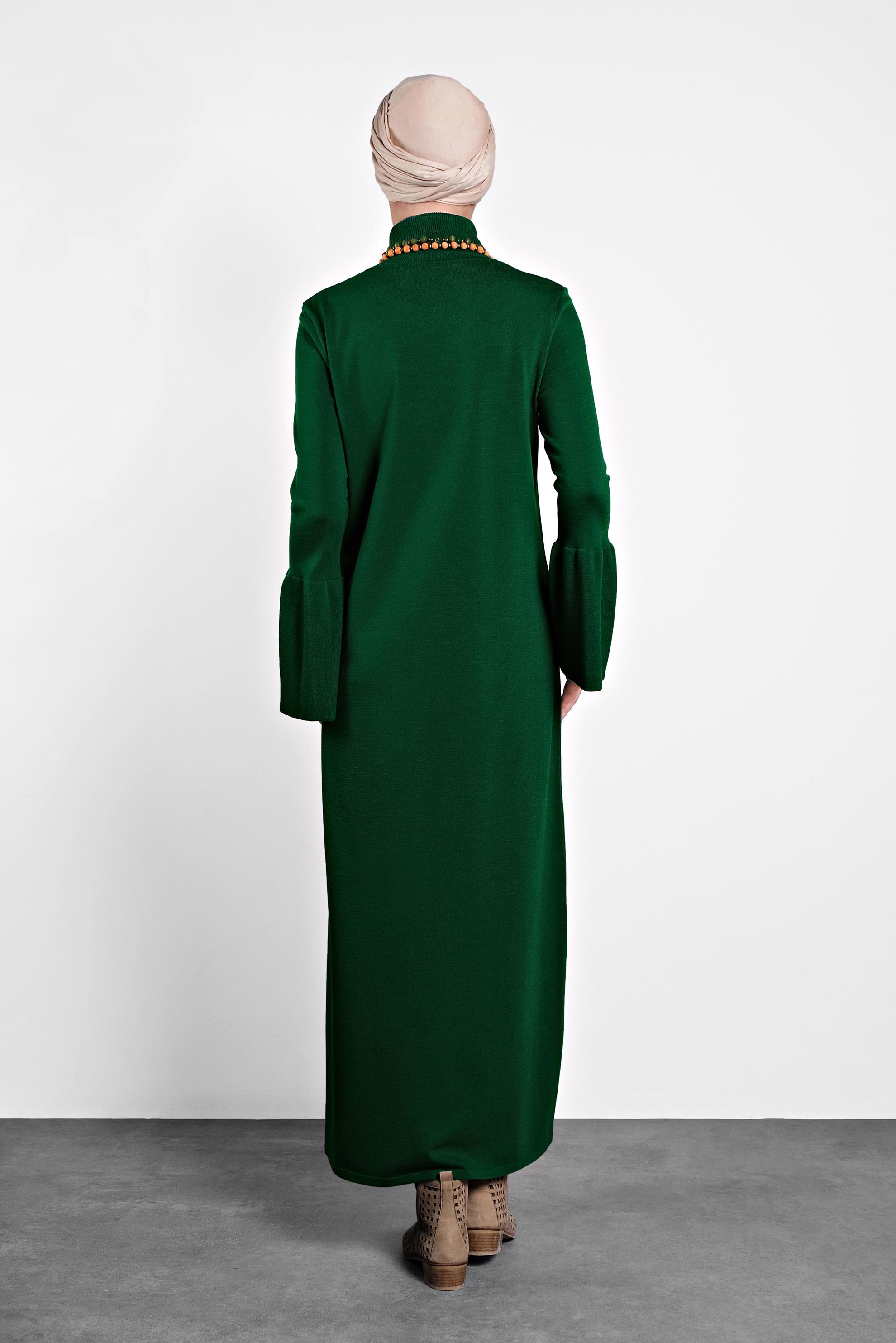 Hijab clothing GREEN TURTLENECK FLOUNCED-CUFFS VOLUMINOUS DRESS 40012