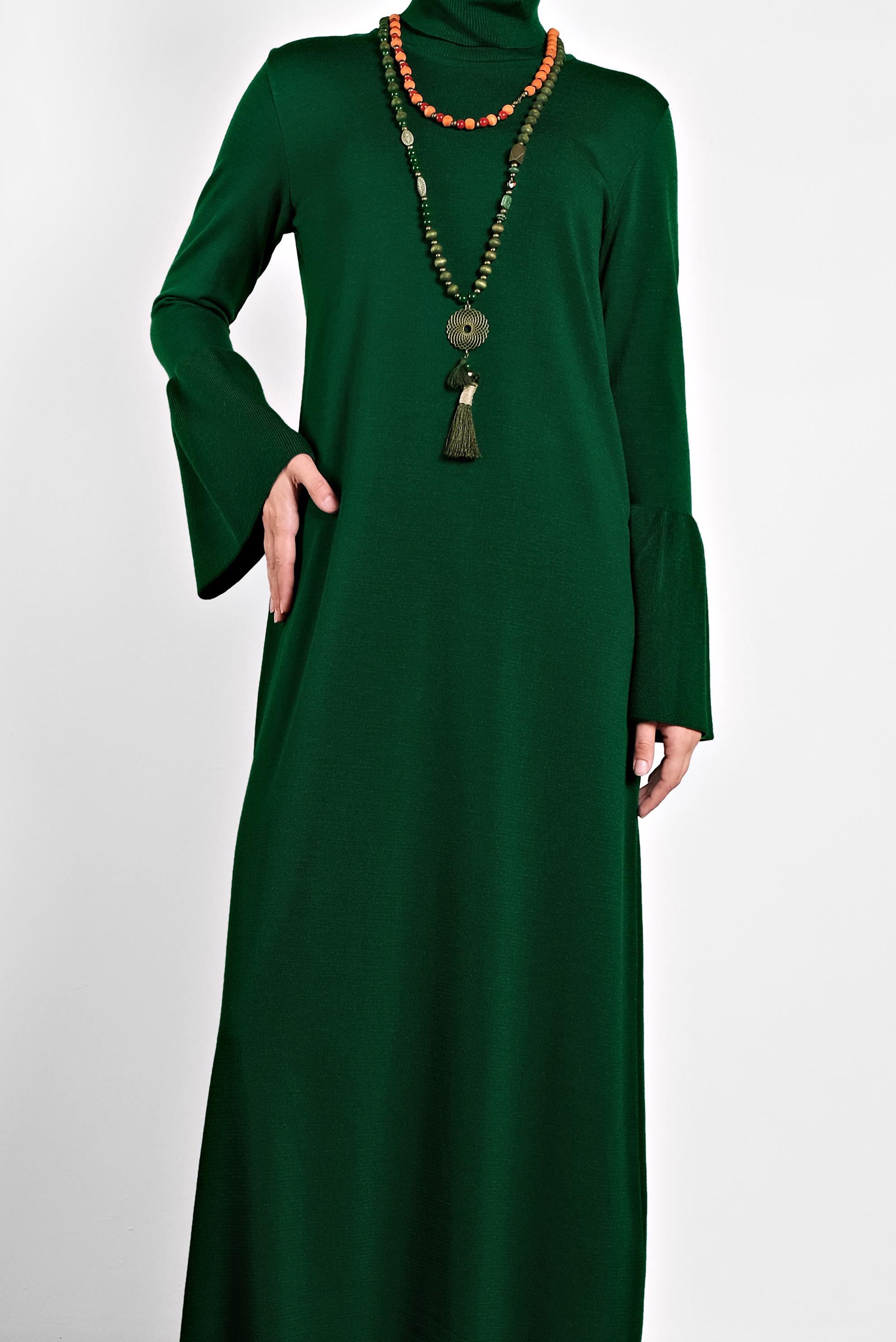 Hijab clothing GREEN TURTLENECK FLOUNCED-CUFFS VOLUMINOUS DRESS 40012