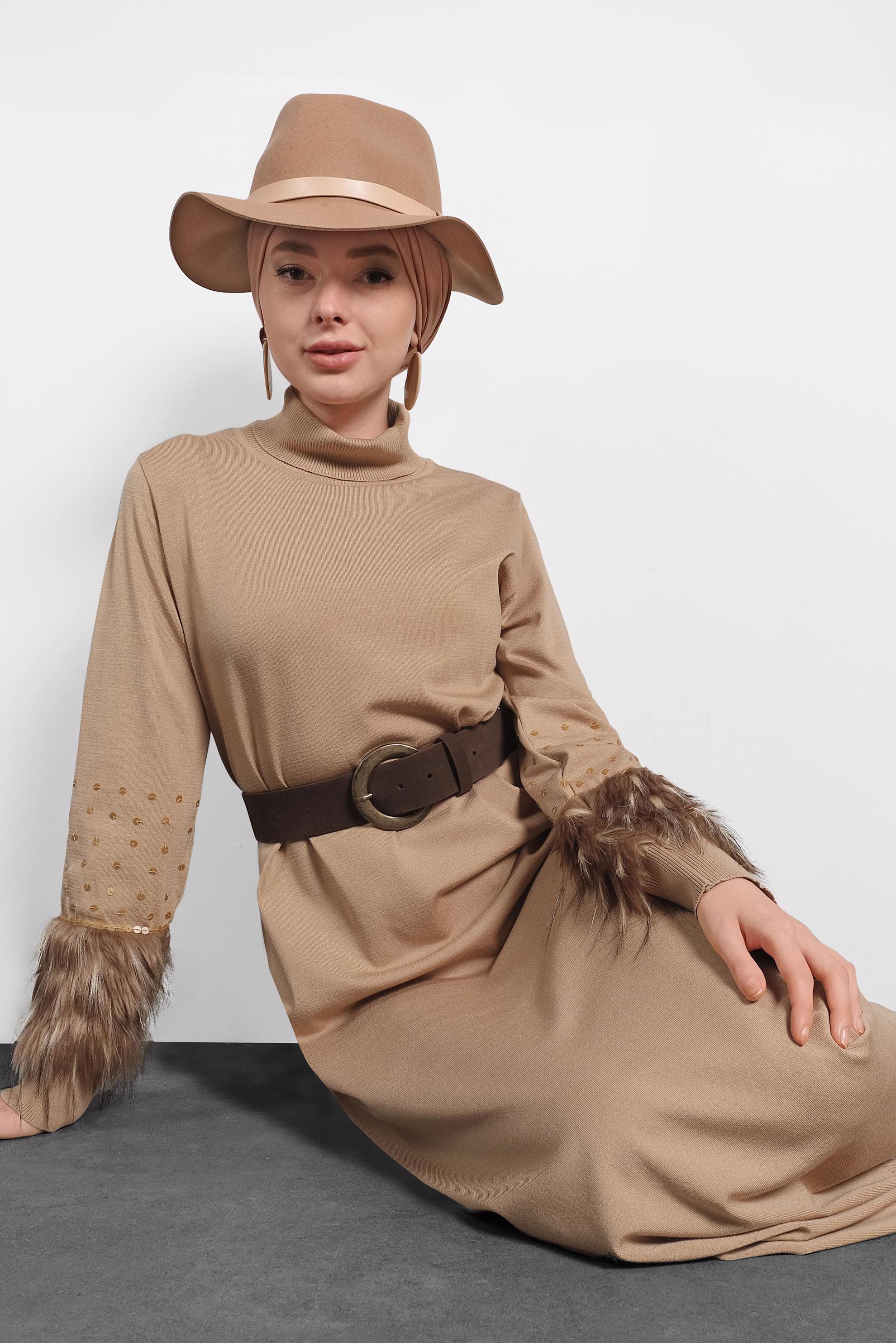 Tesettür giyim KAHVE KOLLARI TÜYLÜ TRİKO ELBİSE 40013