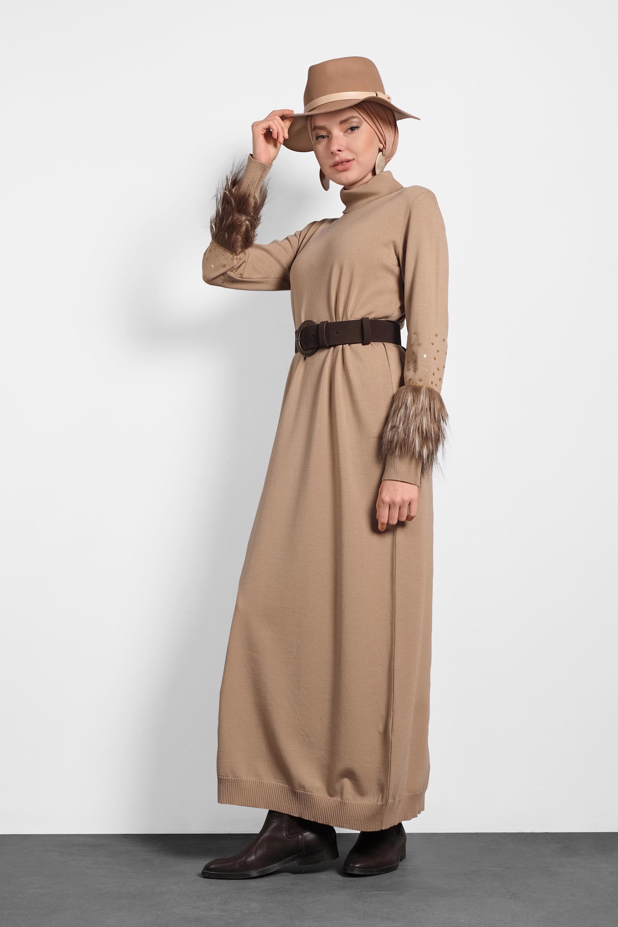 Tesettür giyim KAHVE KOLLARI TÜYLÜ TRİKO ELBİSE 40013