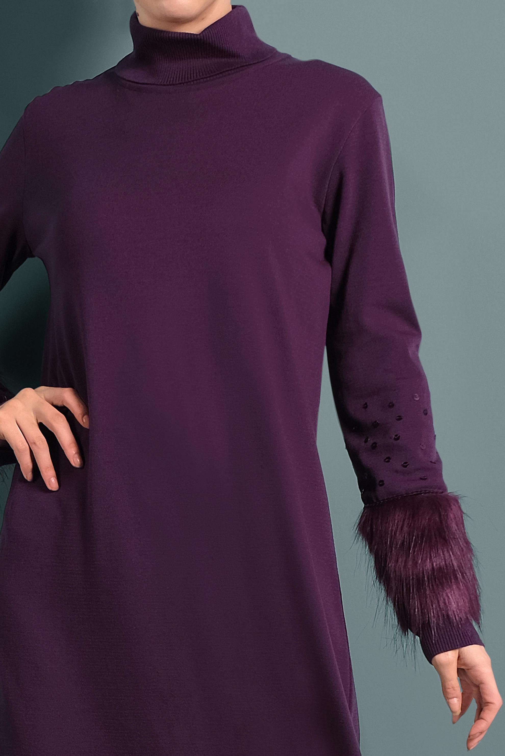 Tesettür giyim MÜRDÜM KOLLARI TÜYLÜ TRİKO ELBİSE 40013