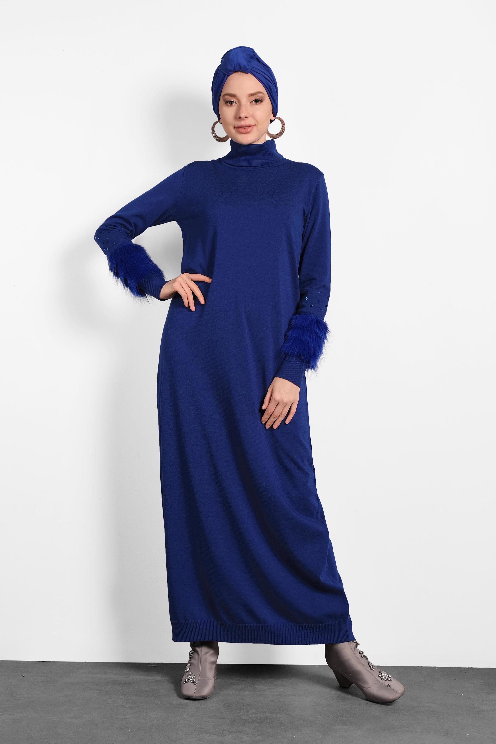 Tesettür giyim LACİVERT KOLLARI TÜYLÜ TRİKO ELBİSE 40013