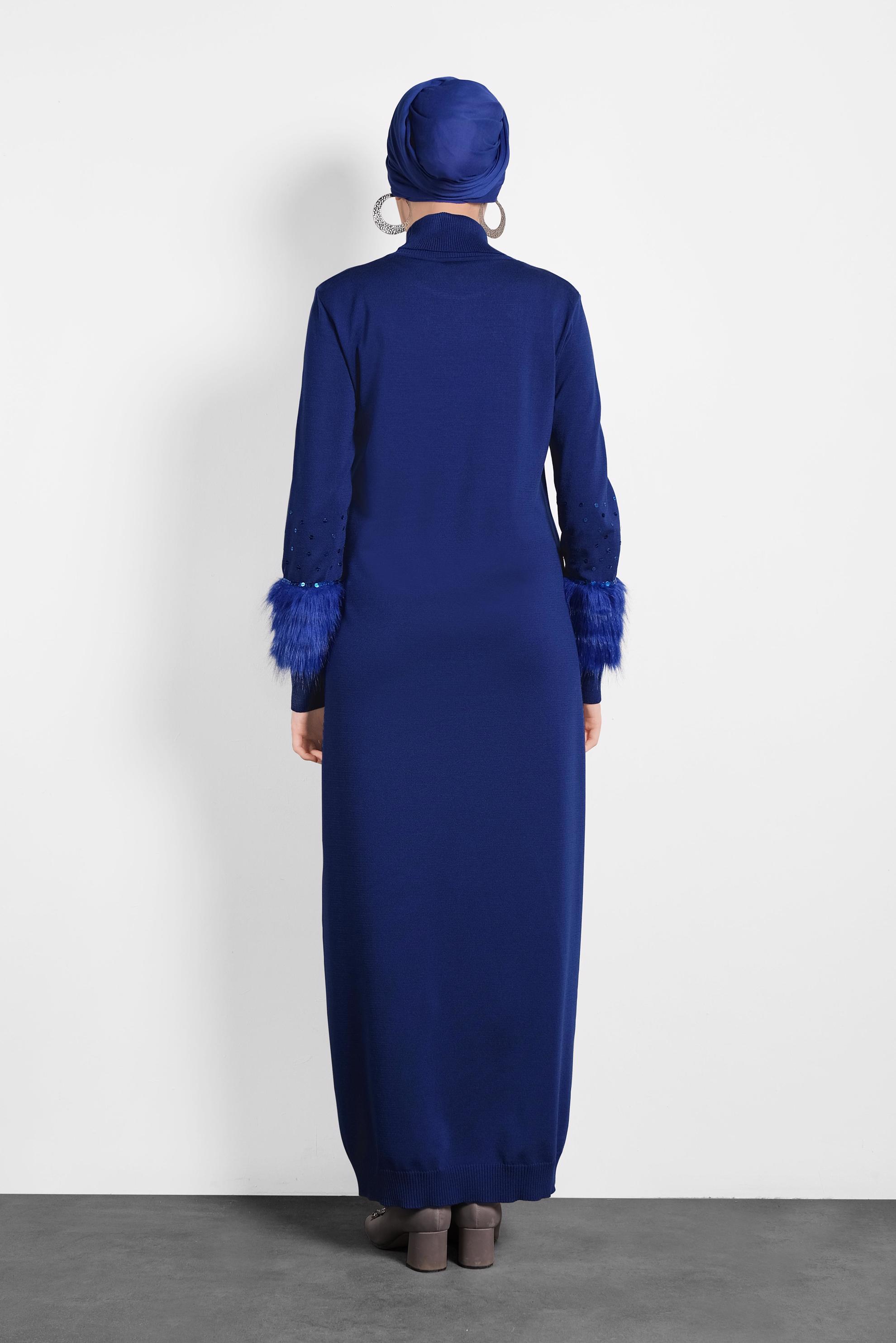 Tesettür giyim LACİVERT KOLLARI TÜYLÜ TRİKO ELBİSE 40013