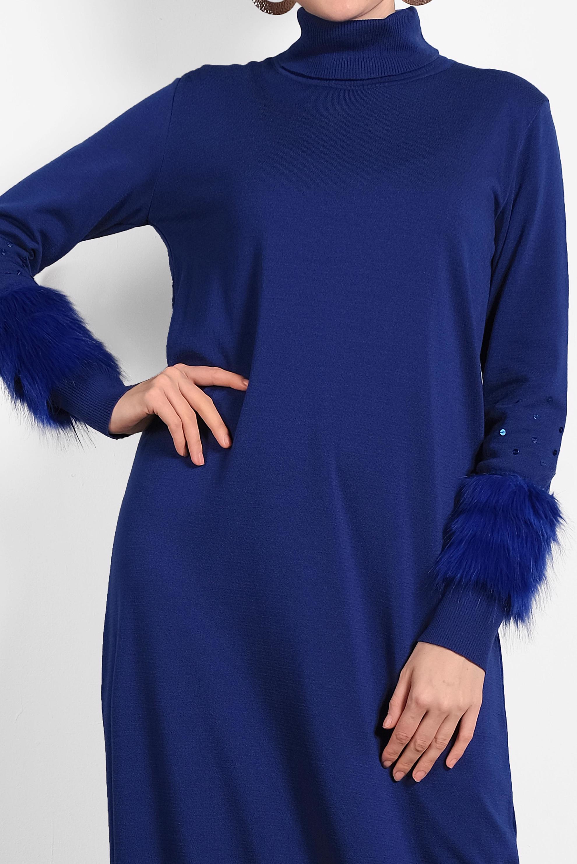 Tesettür giyim LACİVERT KOLLARI TÜYLÜ TRİKO ELBİSE 40013