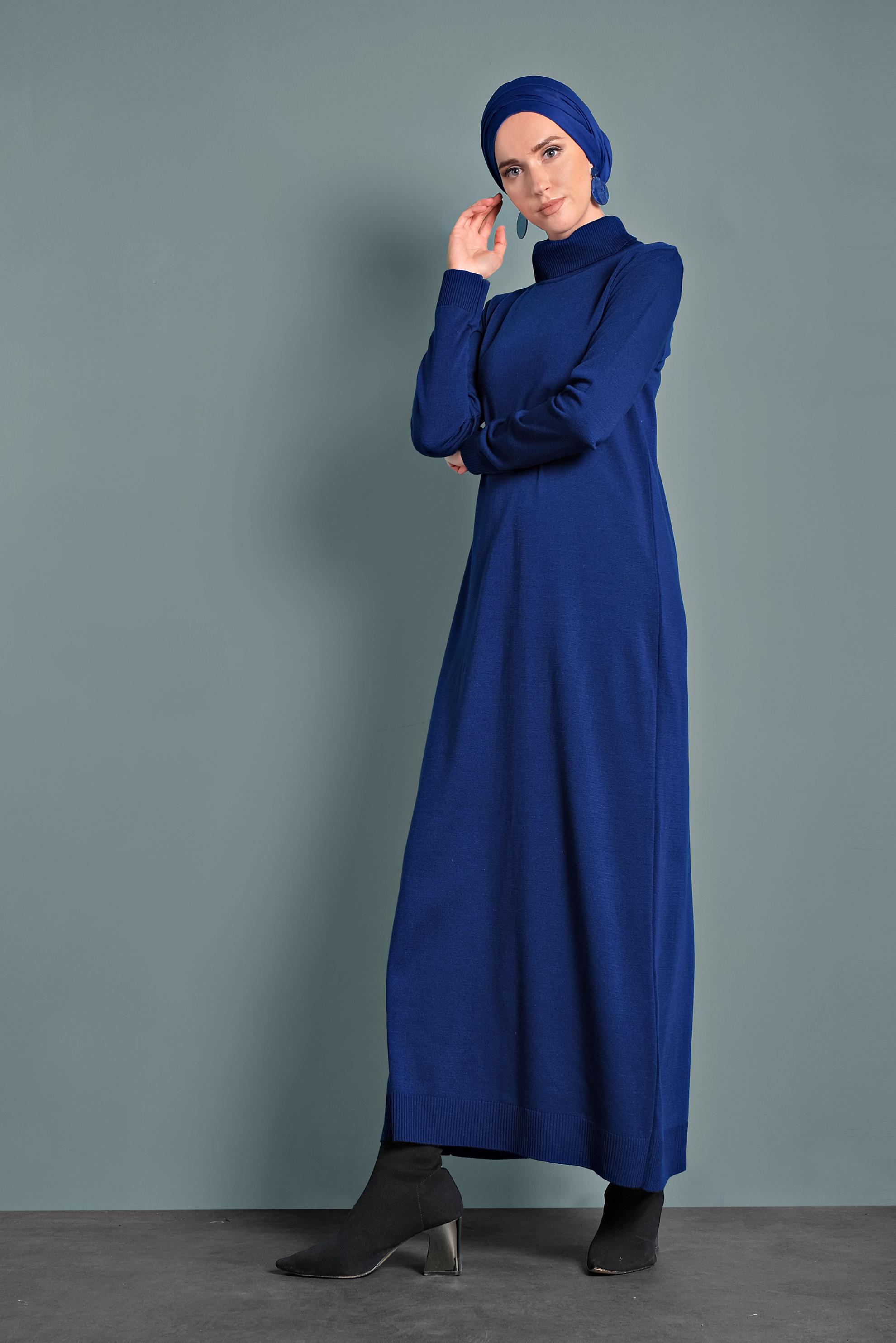 Tesettür giyim LACİVERT BOĞAZLI TRİKO ELBİSE 40024 