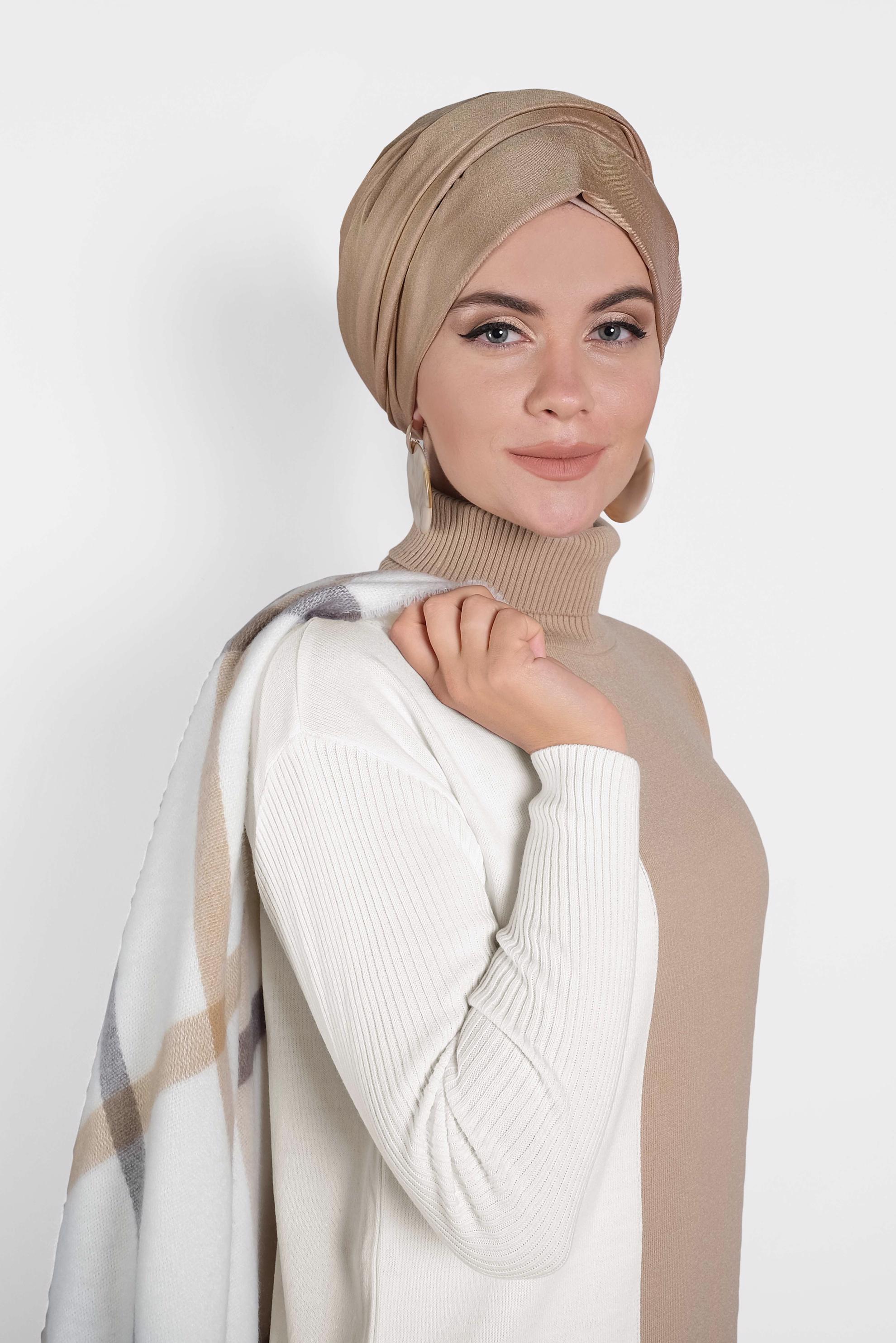 Tesettür giyim KAHVE BALIKÇI YAKA TRİKO ELBİSE 40041 