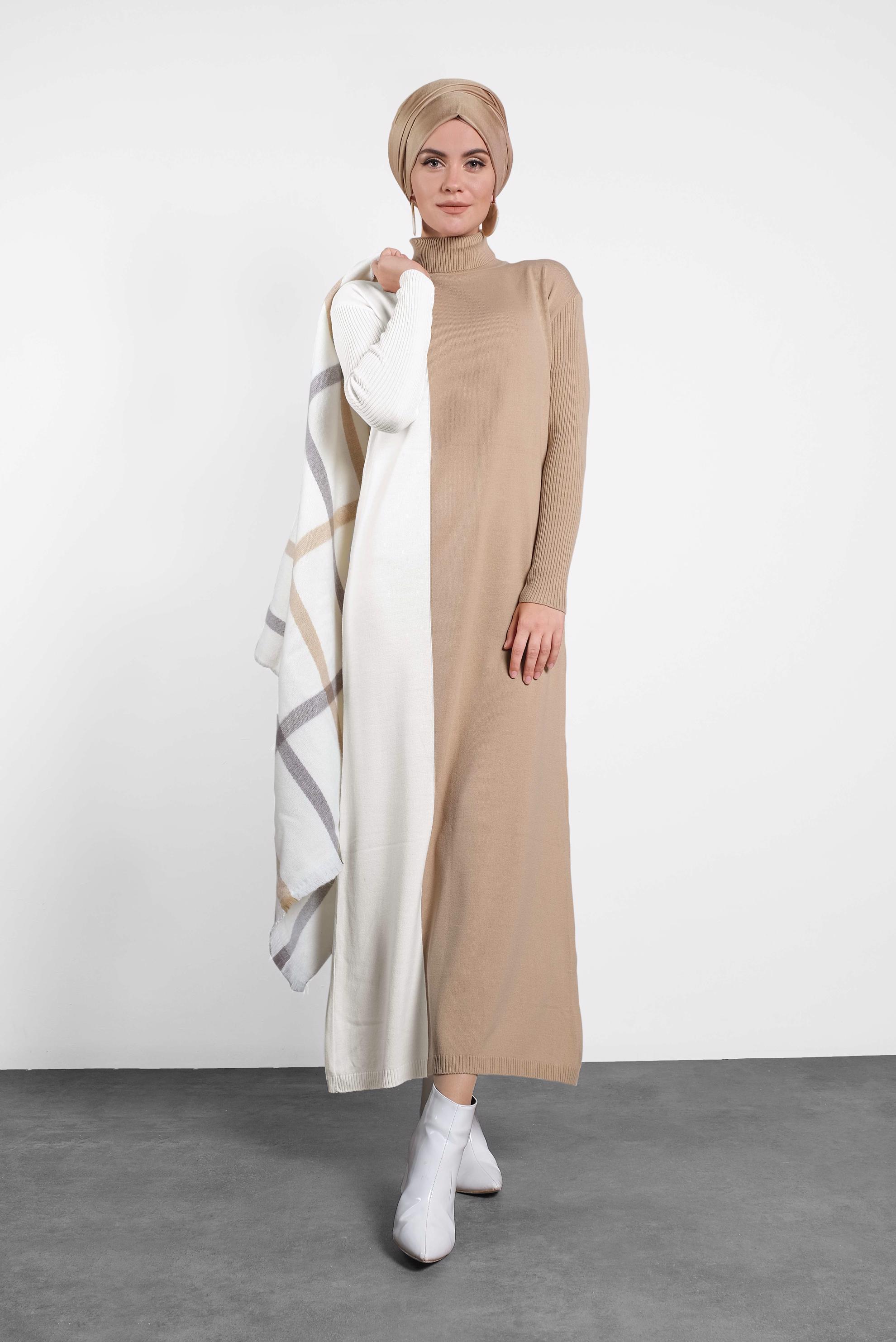 Tesettür giyim KAHVE BALIKÇI YAKA TRİKO ELBİSE 40041 