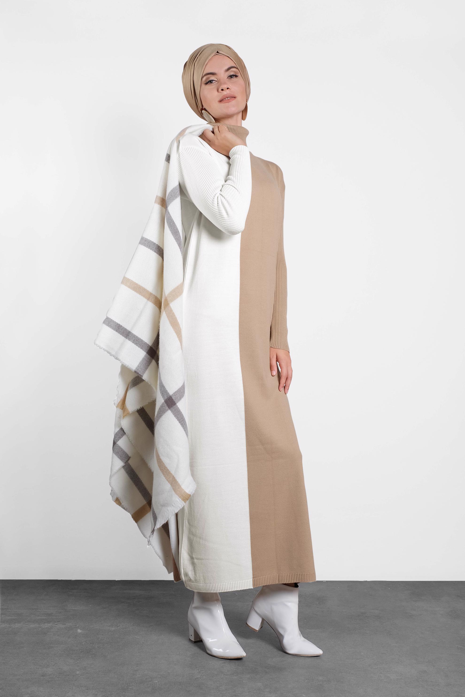 Tesettür giyim KAHVE BALIKÇI YAKA TRİKO ELBİSE 40041 