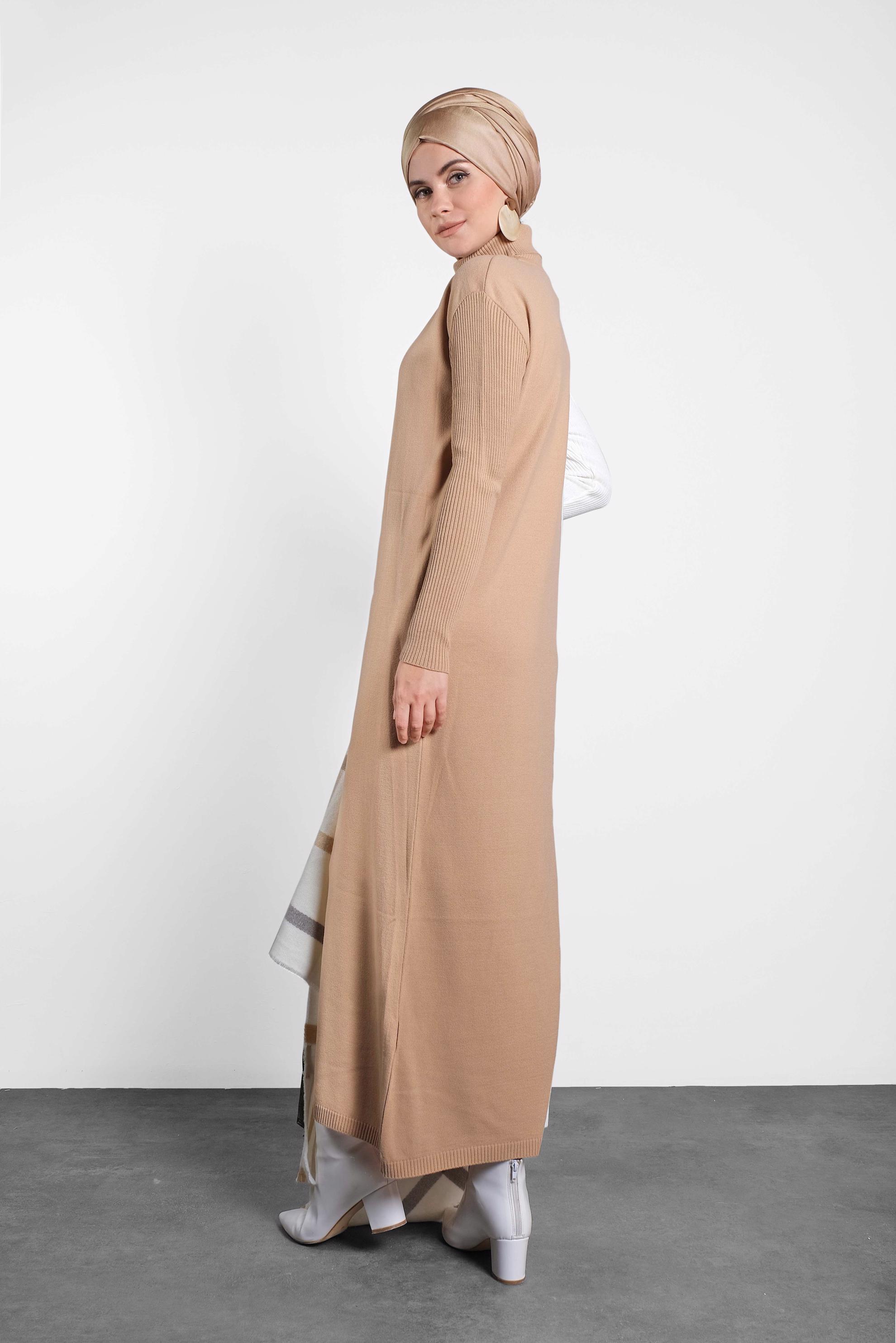 Tesettür giyim KAHVE BALIKÇI YAKA TRİKO ELBİSE 40041 