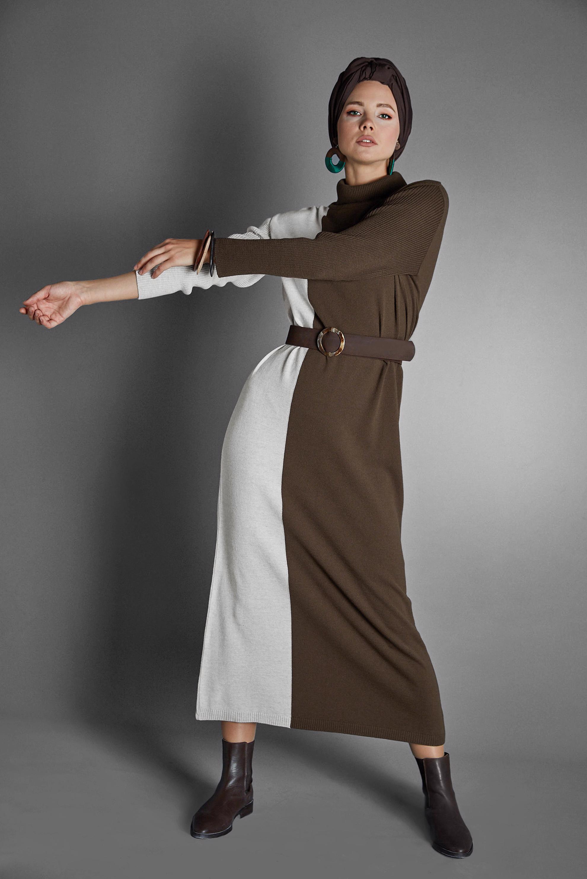 Tesettür giyim KAHVE BALIKÇI YAKA TRİKO ELBİSE 40041 