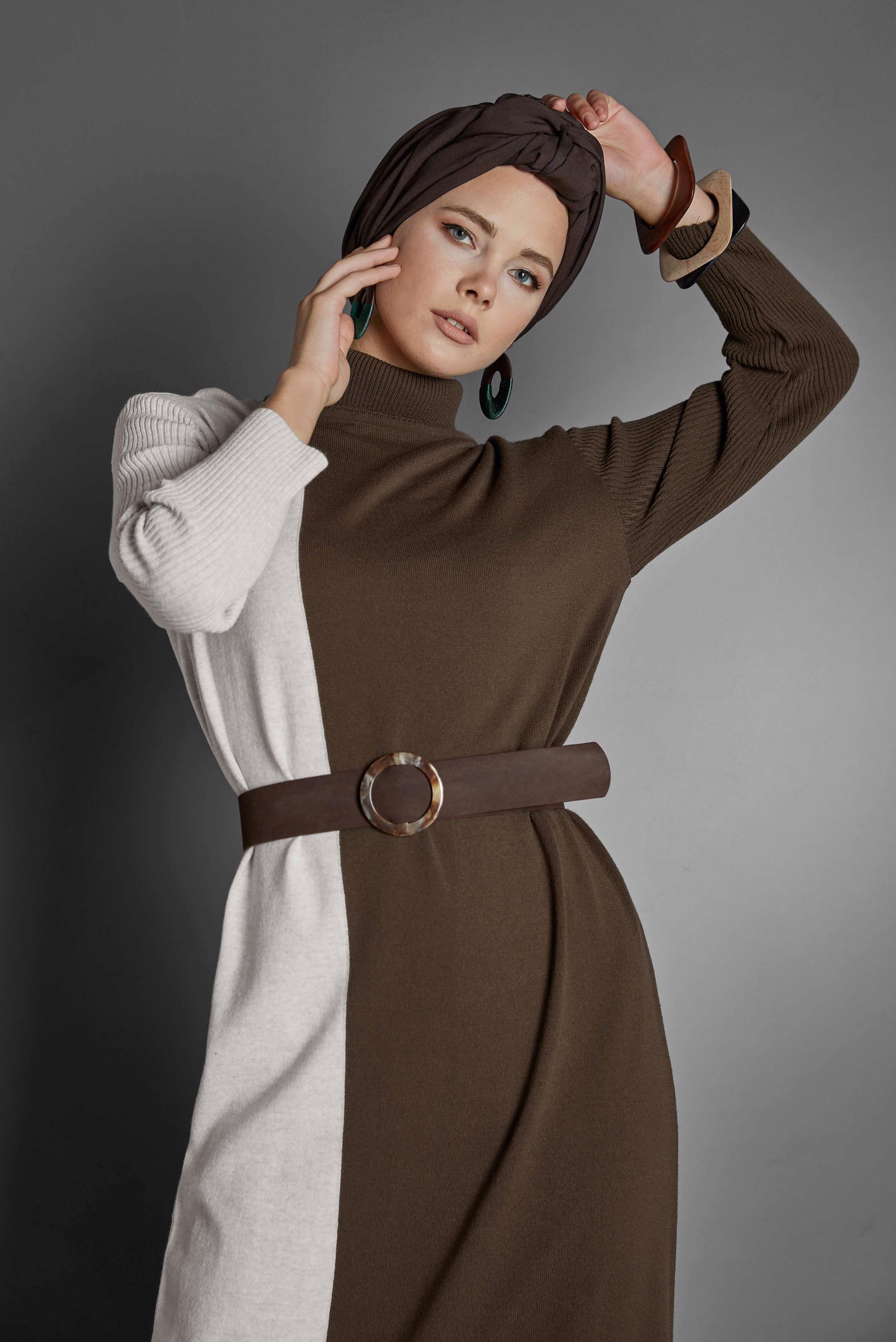 Tesettür giyim KAHVE BALIKÇI YAKA TRİKO ELBİSE 40041 