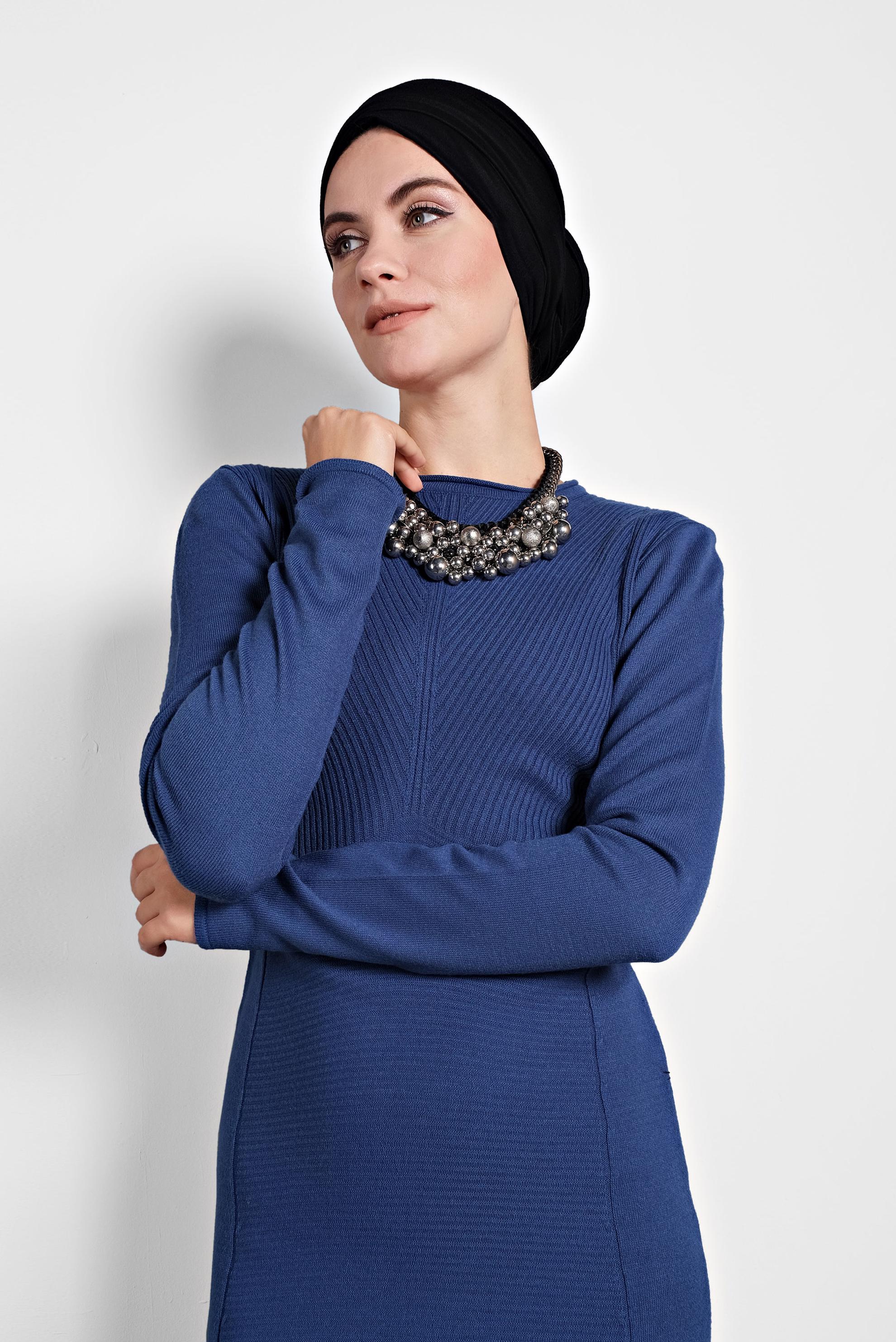 Tesettür giyim LACİVERT FİTİLLİ TRİKO ELBİSE 40047