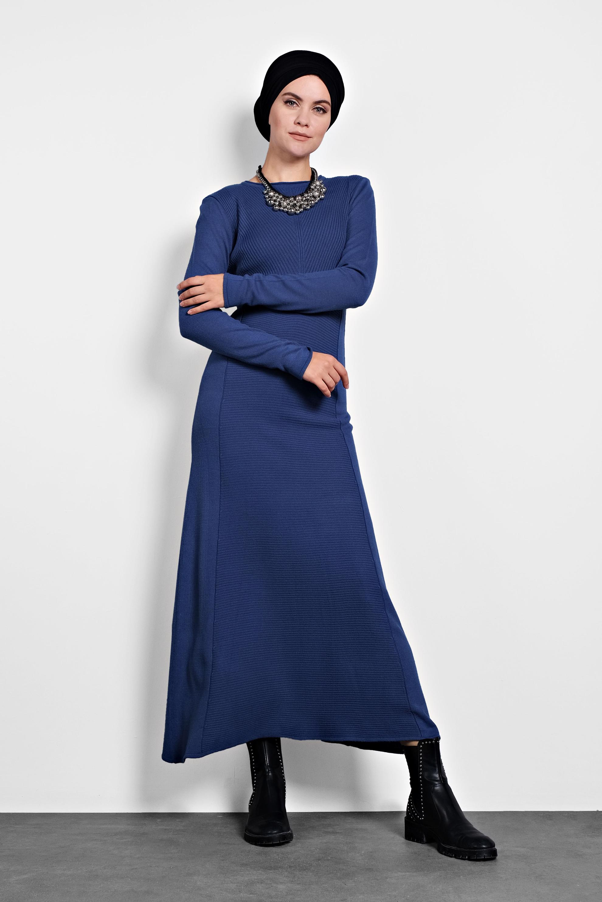 Tesettür giyim LACİVERT FİTİLLİ TRİKO ELBİSE 40047