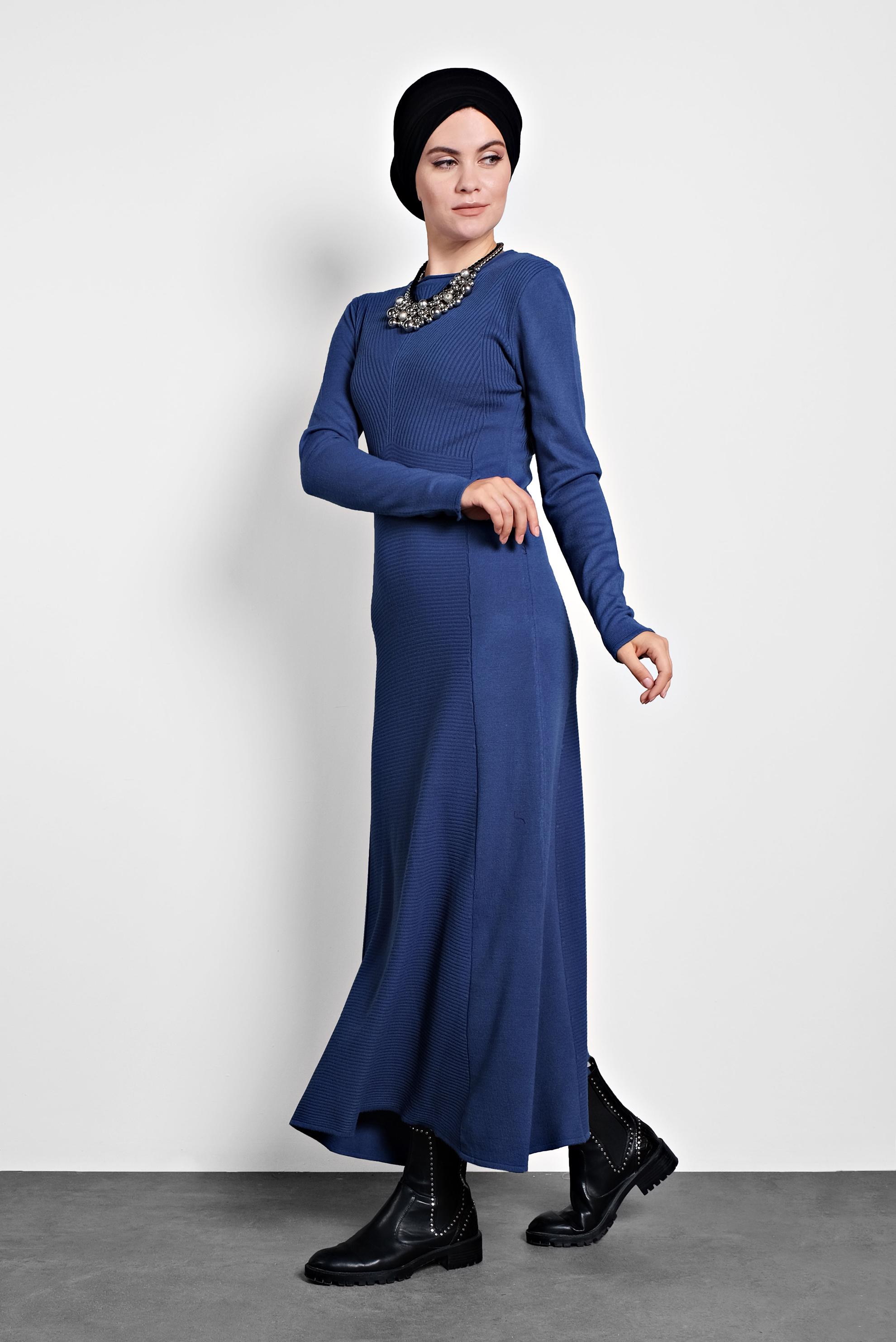 Tesettür giyim LACİVERT FİTİLLİ TRİKO ELBİSE 40047