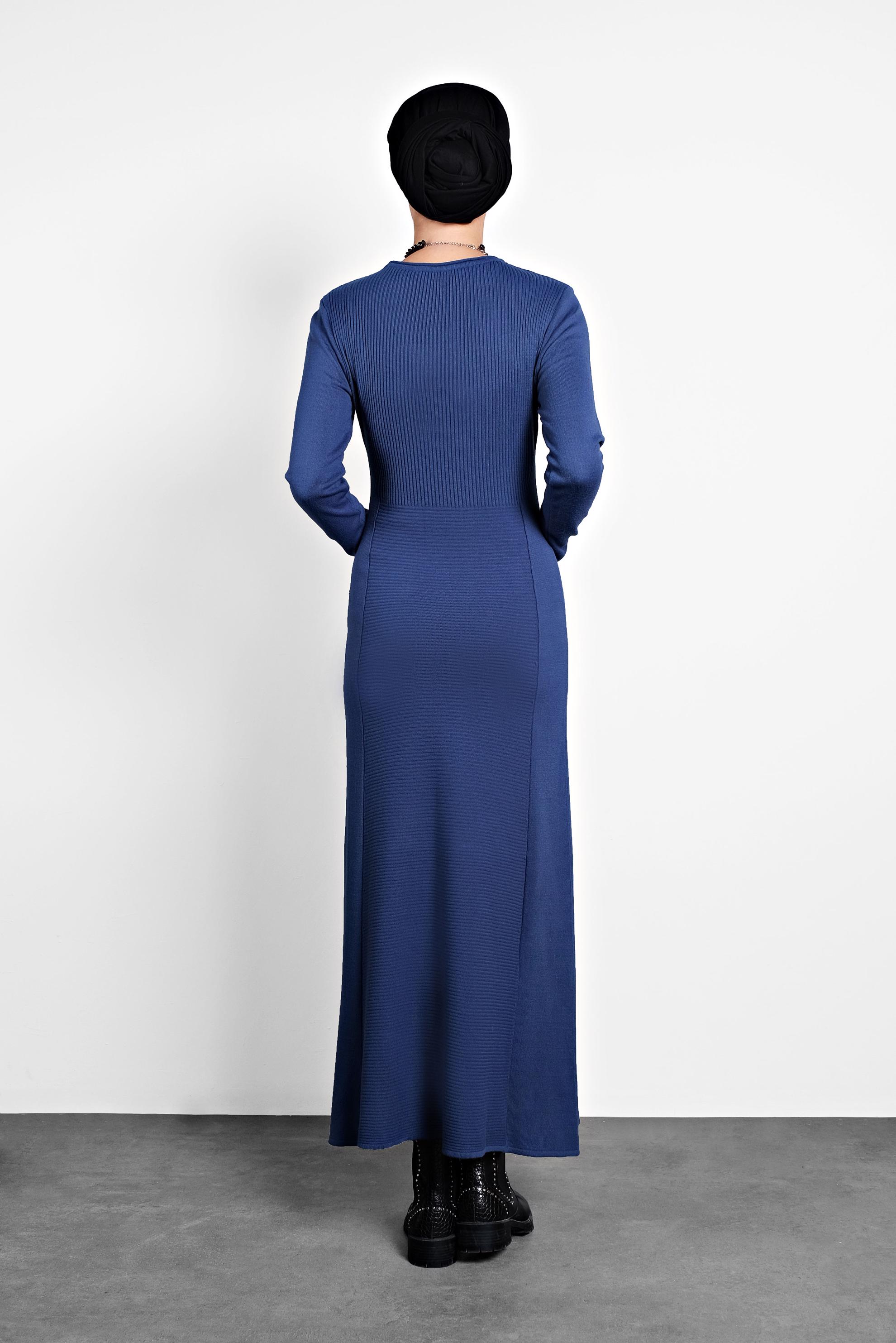 Tesettür giyim LACİVERT FİTİLLİ TRİKO ELBİSE 40047