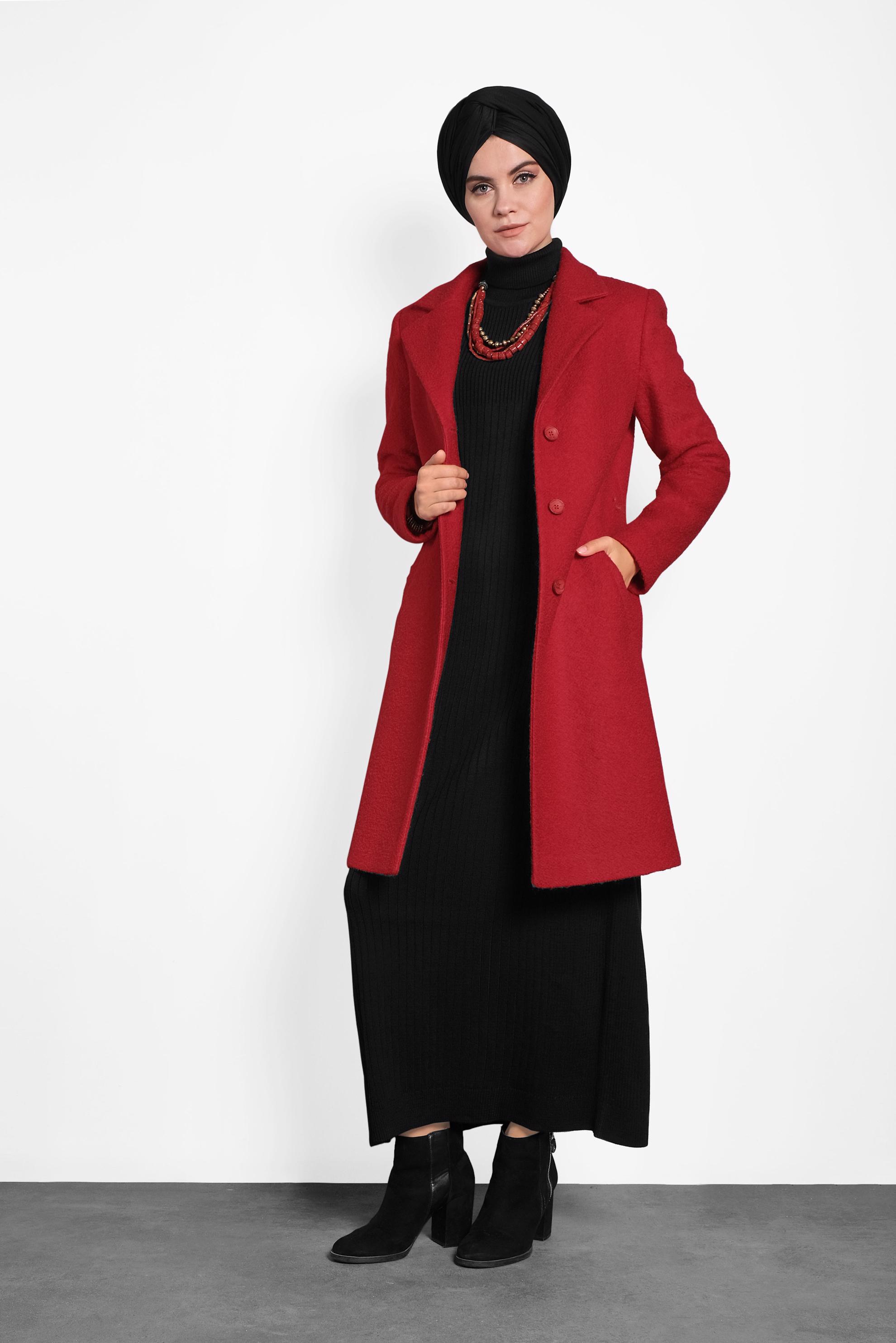 Tesettür giyim SİYAH BALIKÇI YAKA FİTİLLİ TRİKO ELBİSE 40075