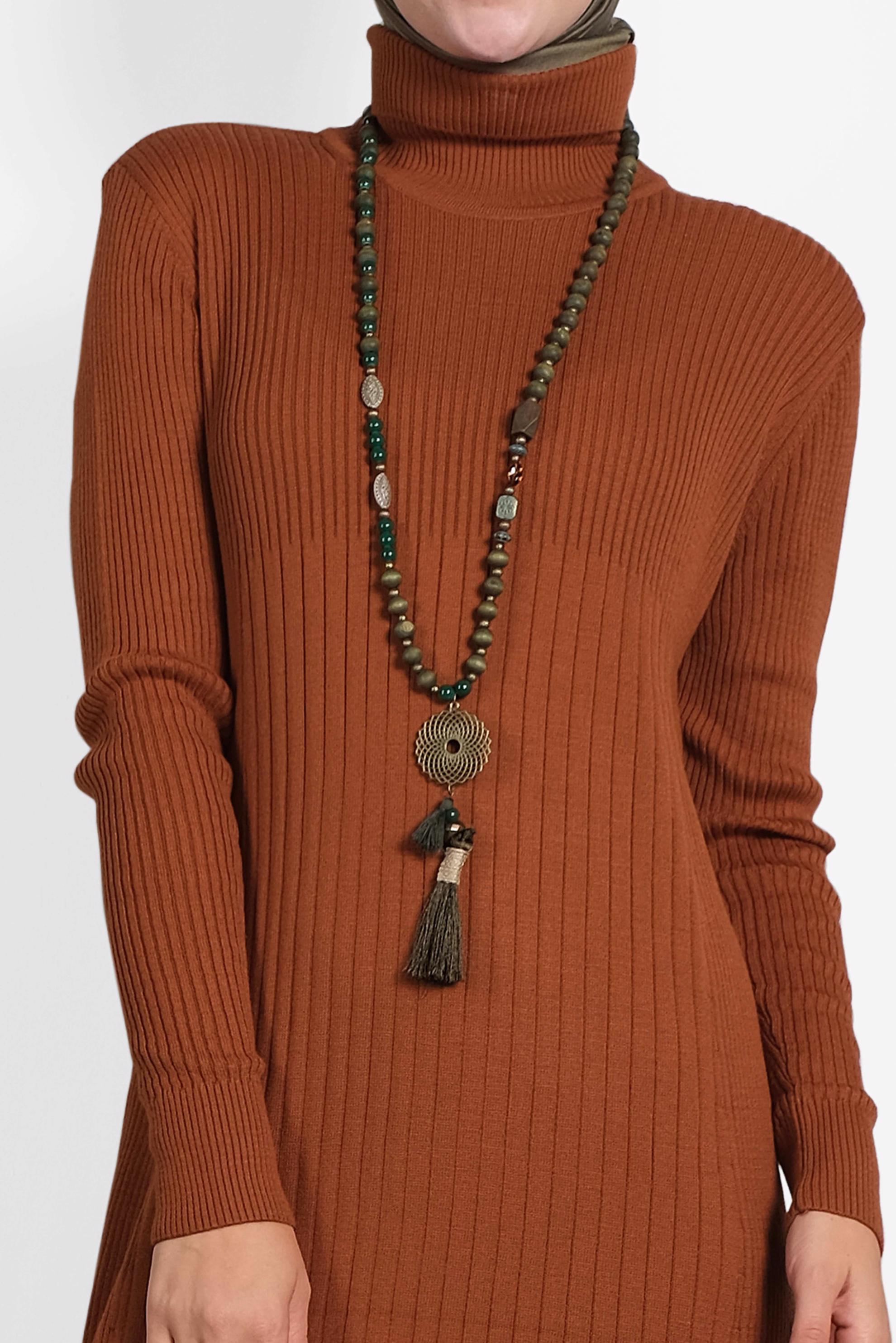 Tesettür giyim TURUNCU BALIKÇI YAKA FİTİLLİ TRİKO ELBİSE 40075