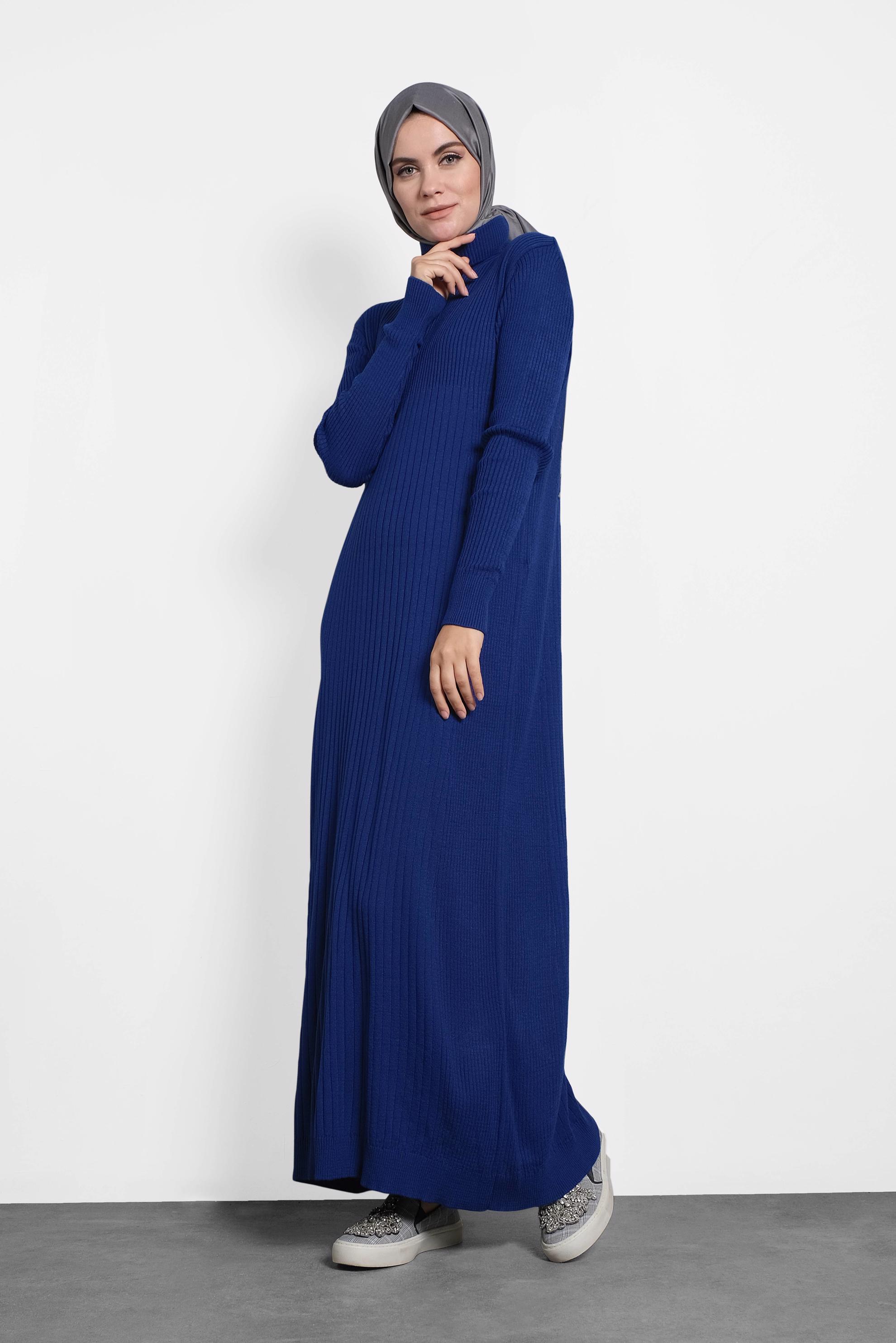 Tesettür giyim LACİVERT BALIKÇI YAKA FİTİLLİ TRİKO ELBİSE 40075