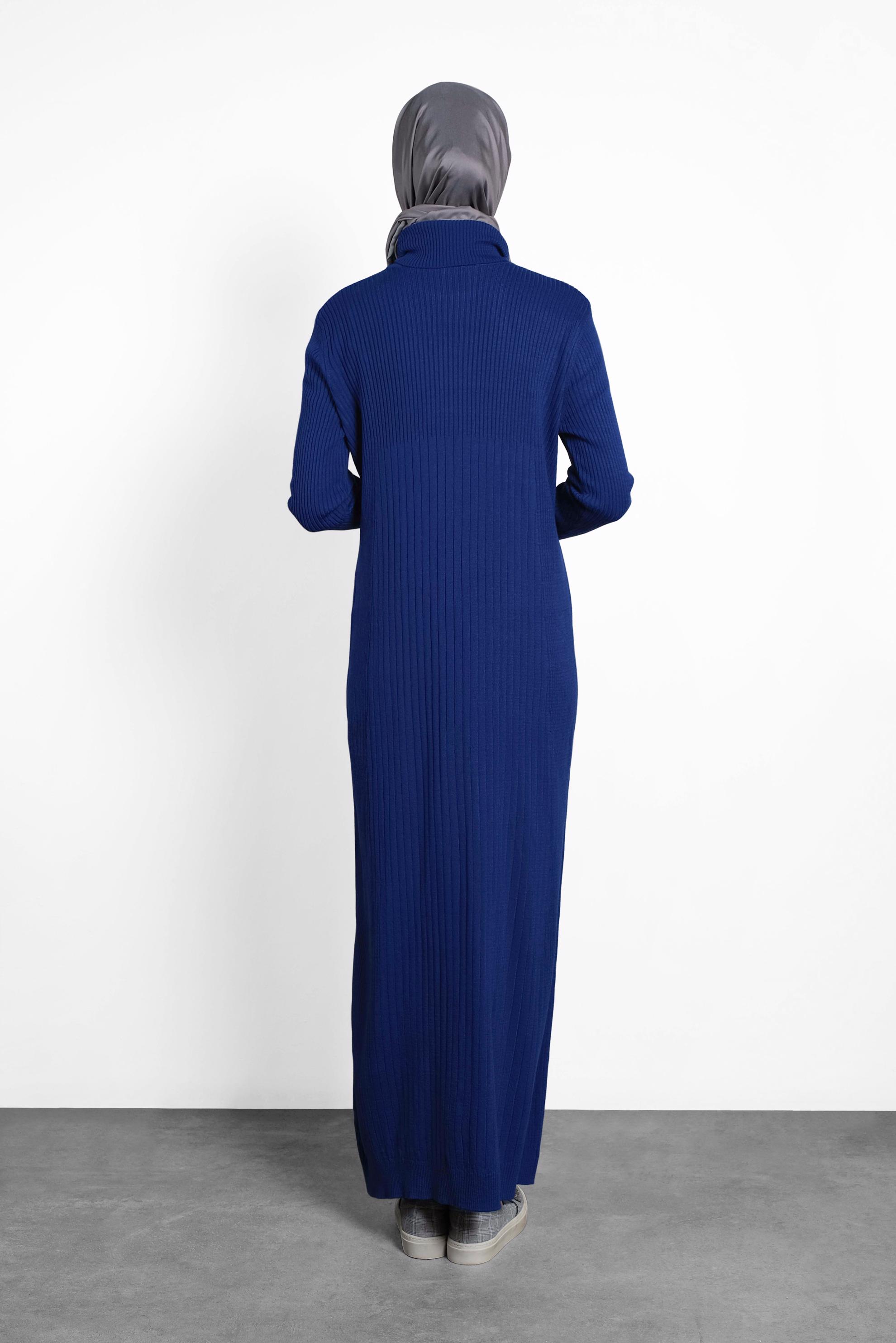 Tesettür giyim LACİVERT BALIKÇI YAKA FİTİLLİ TRİKO ELBİSE 40075