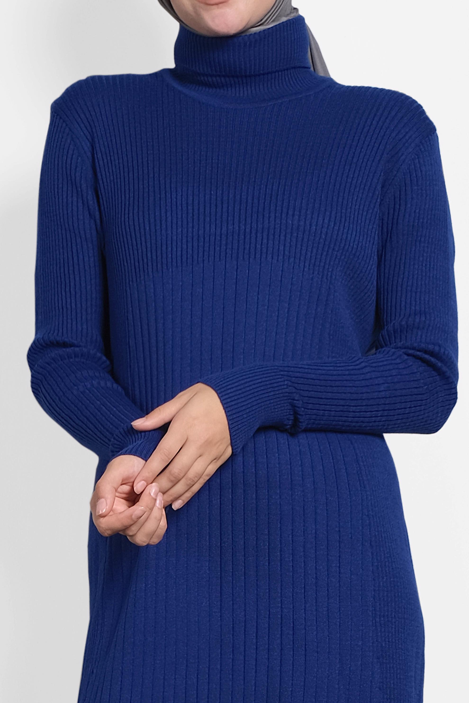 Tesettür giyim LACİVERT BALIKÇI YAKA FİTİLLİ TRİKO ELBİSE 40075