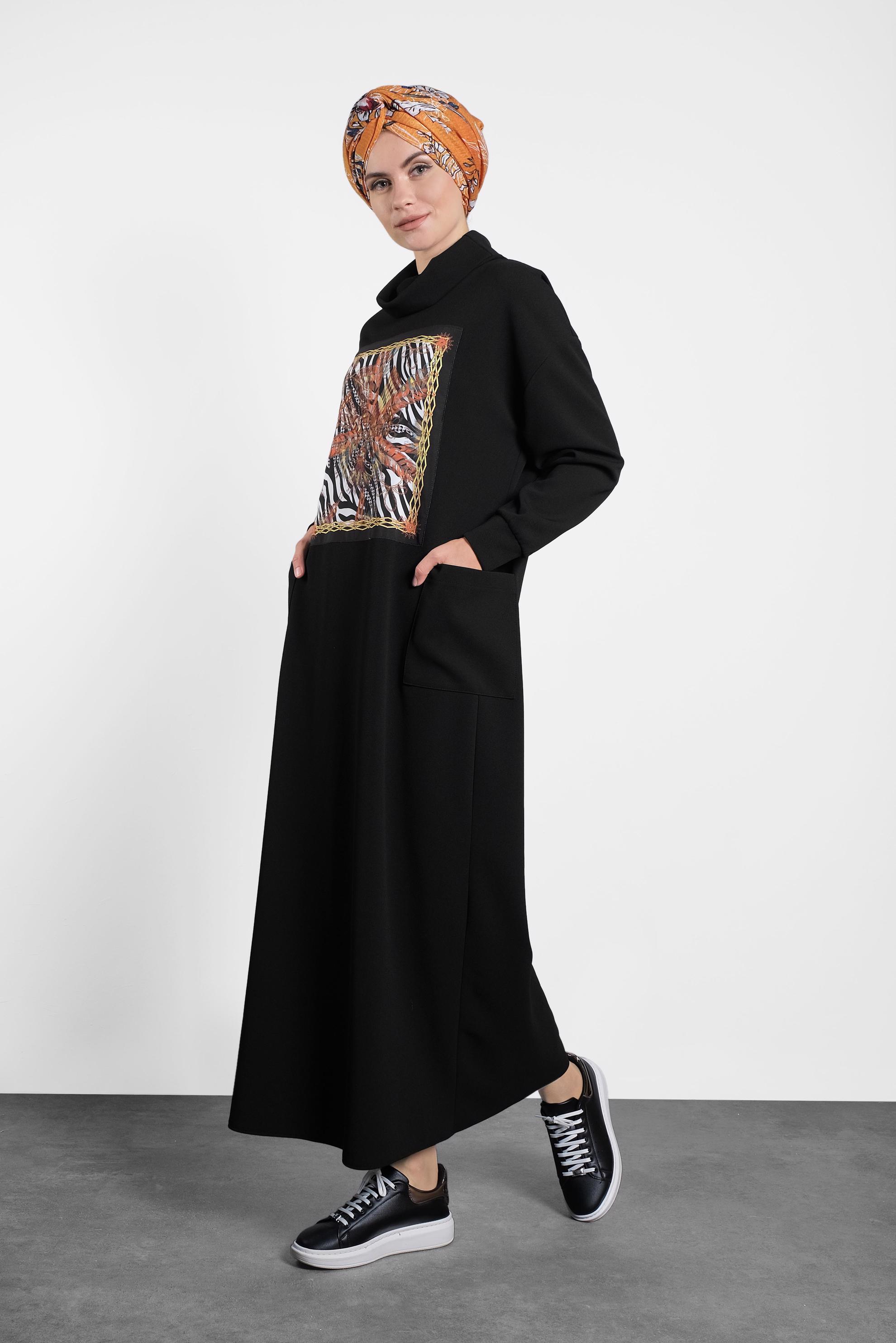 Tesettür giyim SİYAH GENİŞ KESİM ŞAL YAKA ELBİSE 40110