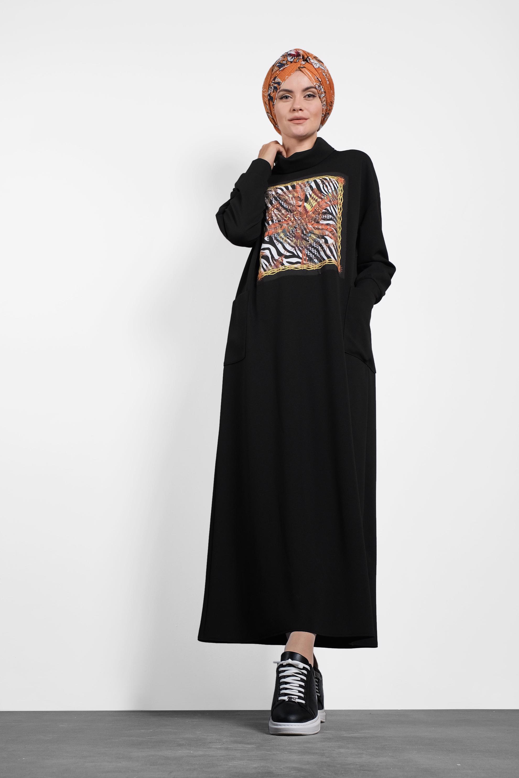 Tesettür giyim SİYAH GENİŞ KESİM ŞAL YAKA ELBİSE 40110