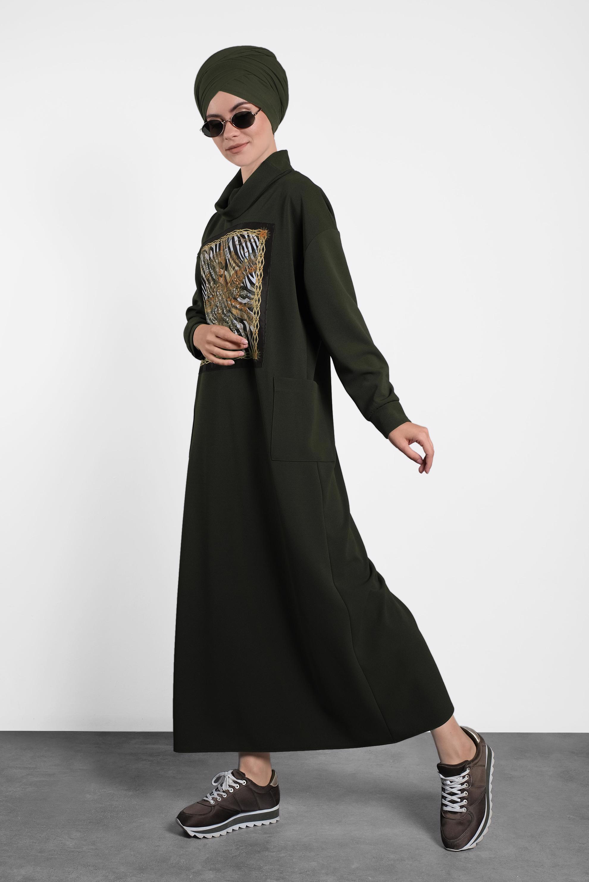 Tesettür giyim HAKİ GENİŞ KESİM ŞAL YAKA ELBİSE 40110