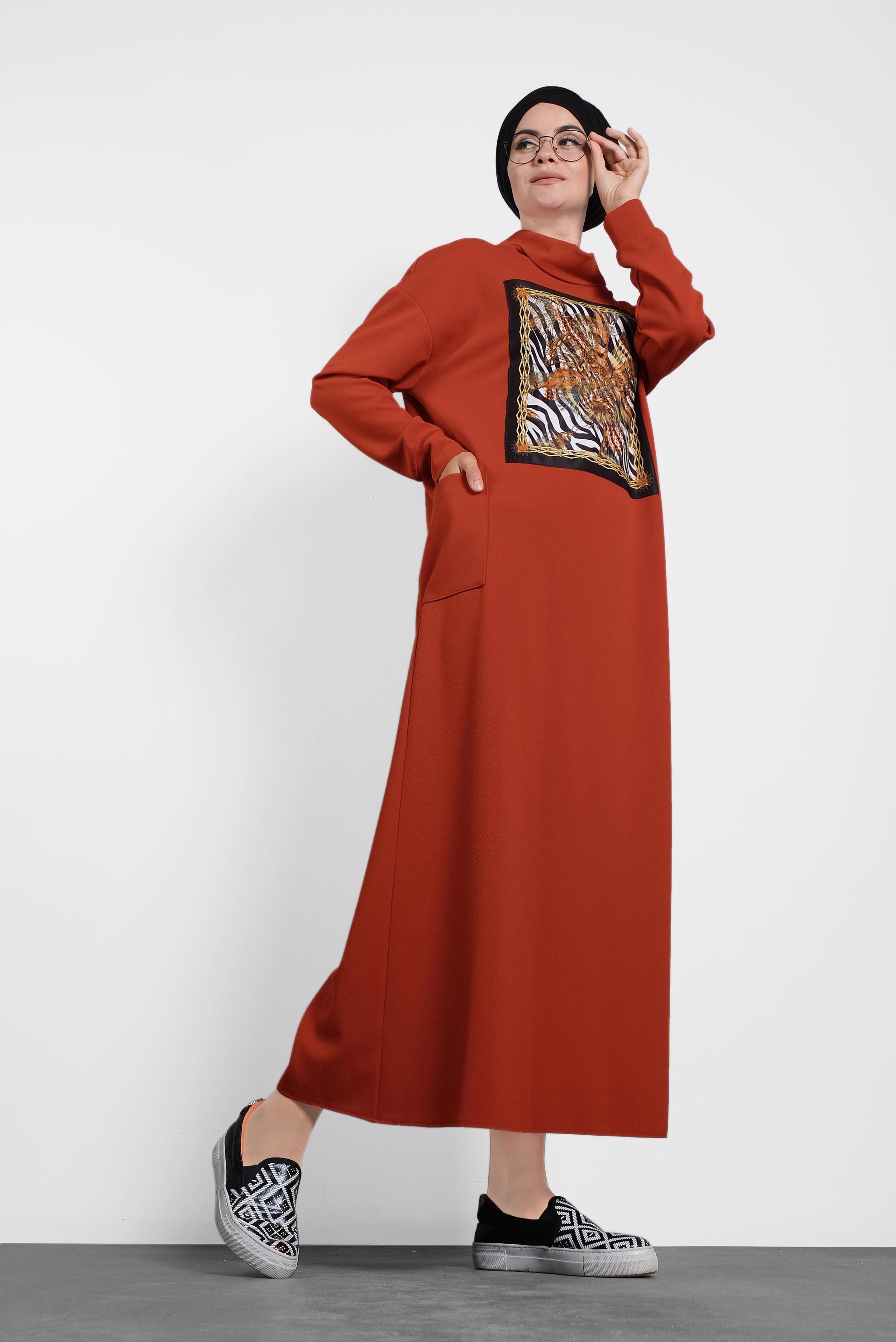 Tesettür giyim TURUNCU GENİŞ KESİM ŞAL YAKA ELBİSE 40110