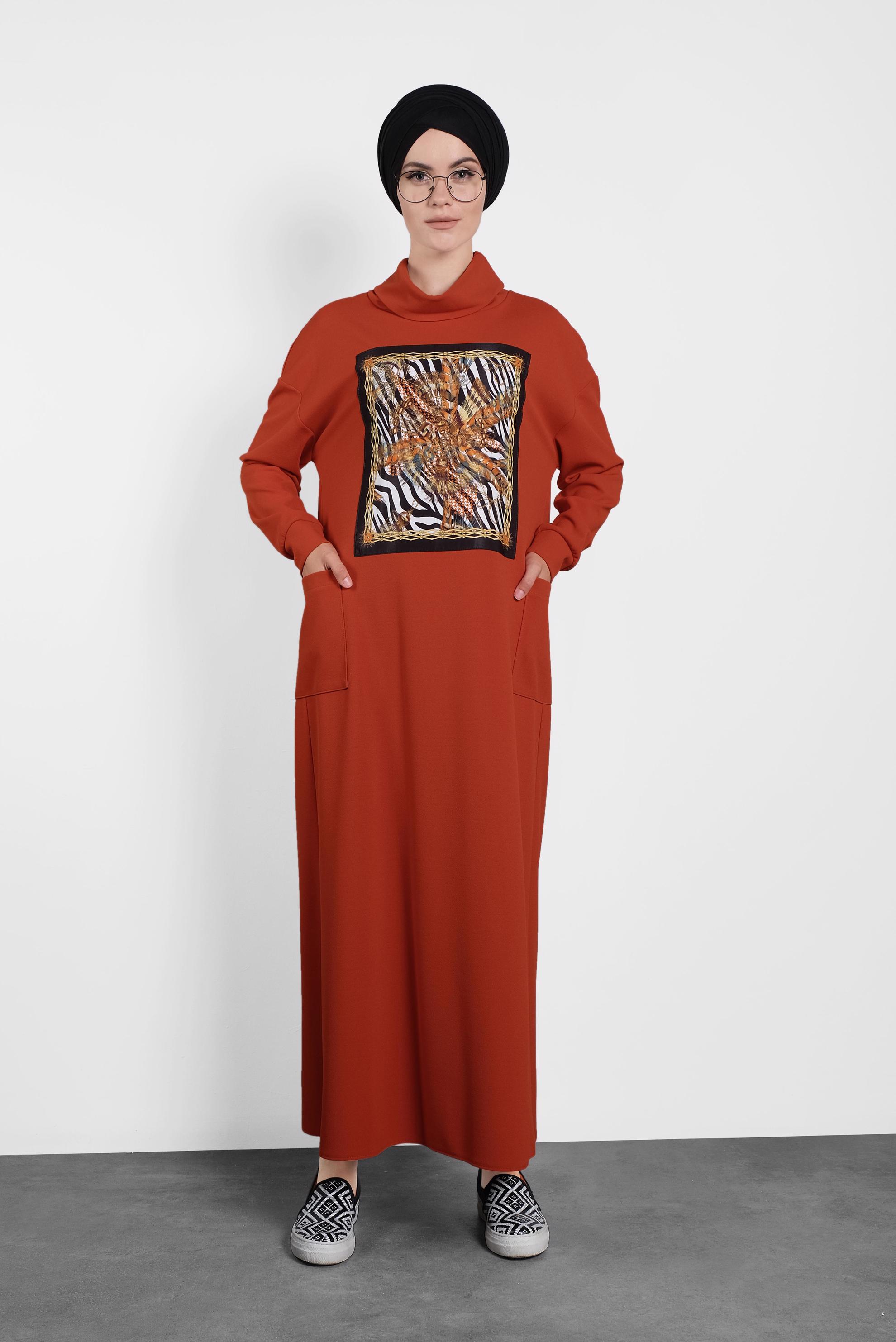 Tesettür giyim TURUNCU GENİŞ KESİM ŞAL YAKA ELBİSE 40110