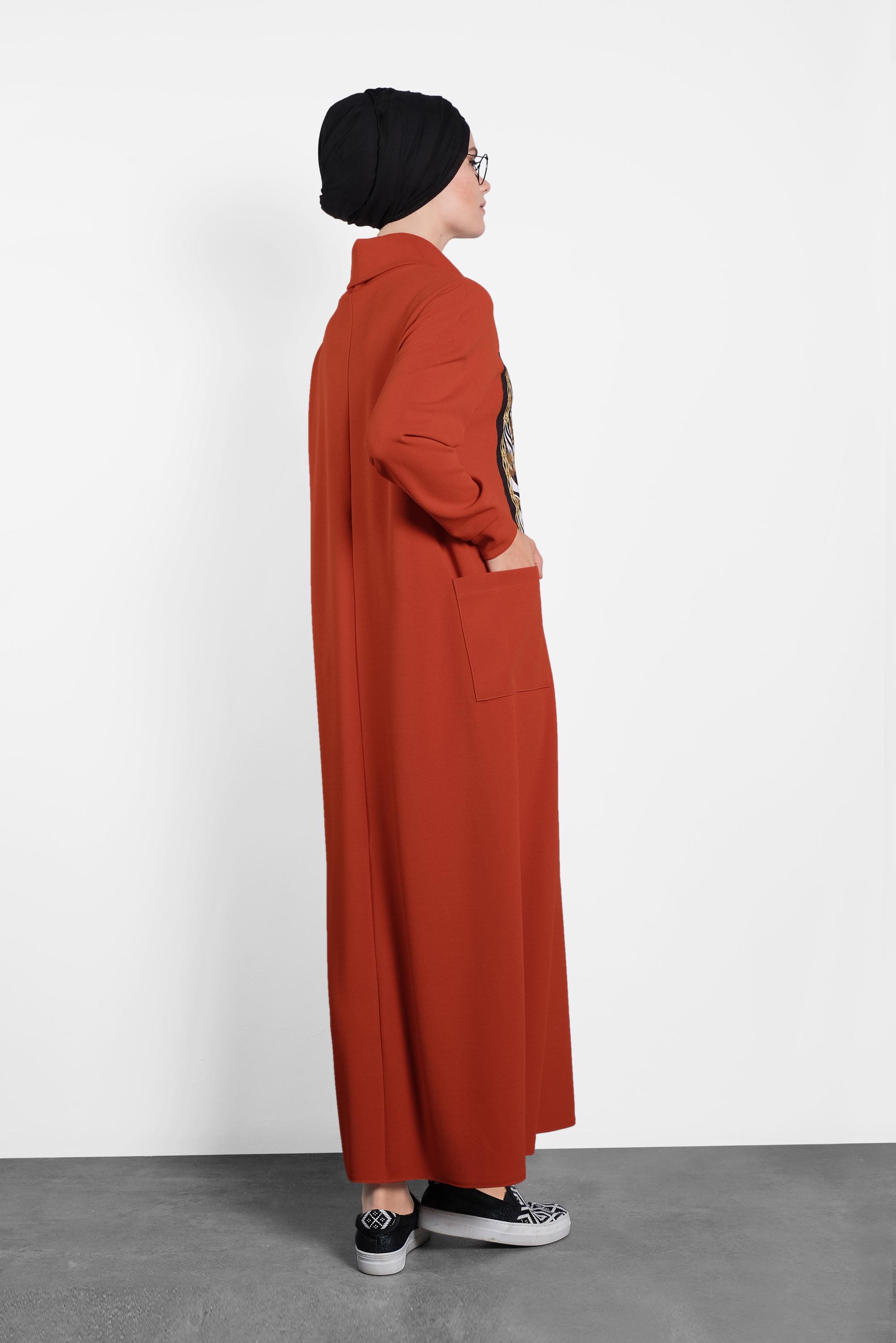 Tesettür giyim TURUNCU GENİŞ KESİM ŞAL YAKA ELBİSE 40110