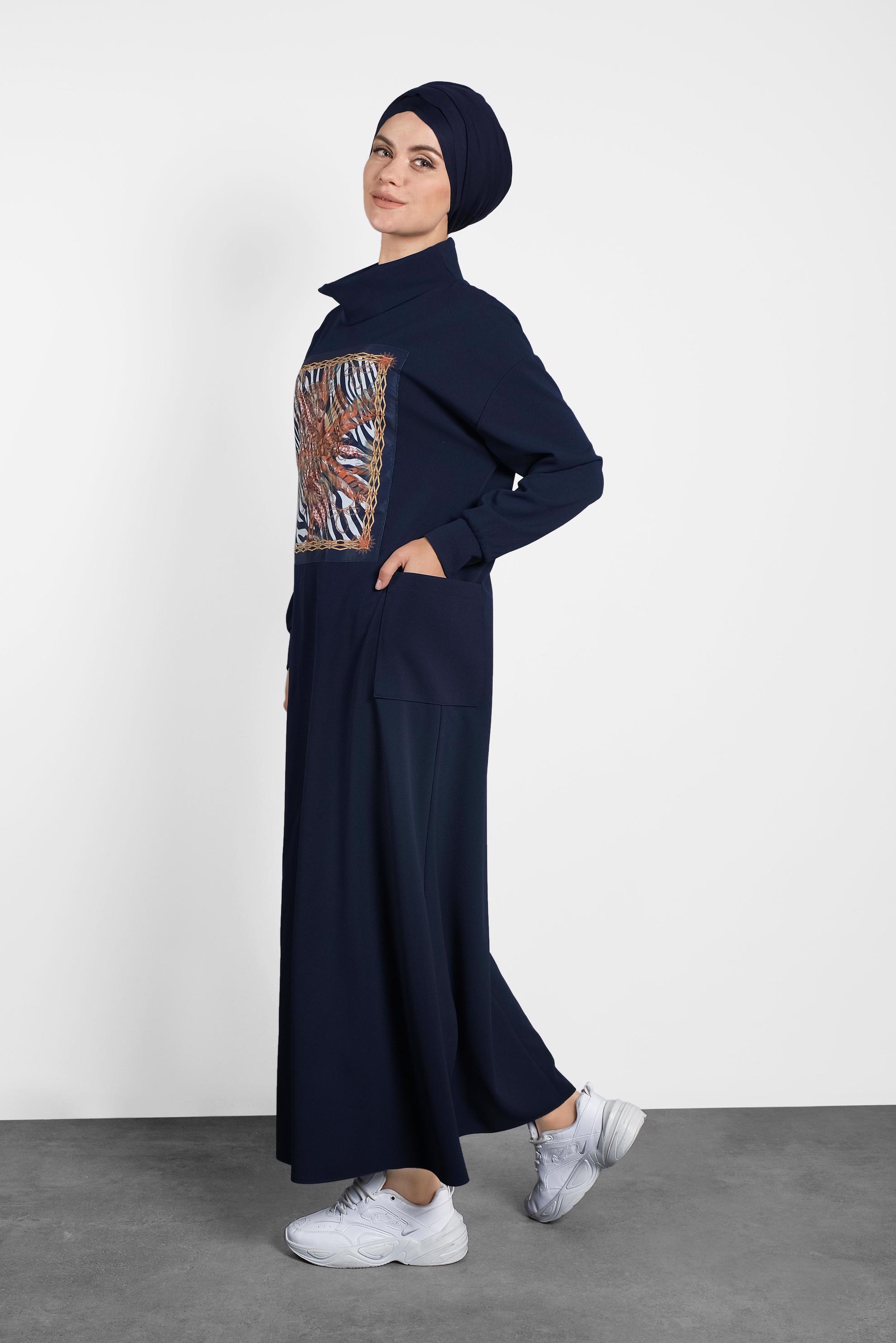 Tesettür giyim LACİVERT GENİŞ KESİM ŞAL YAKA ELBİSE 40110