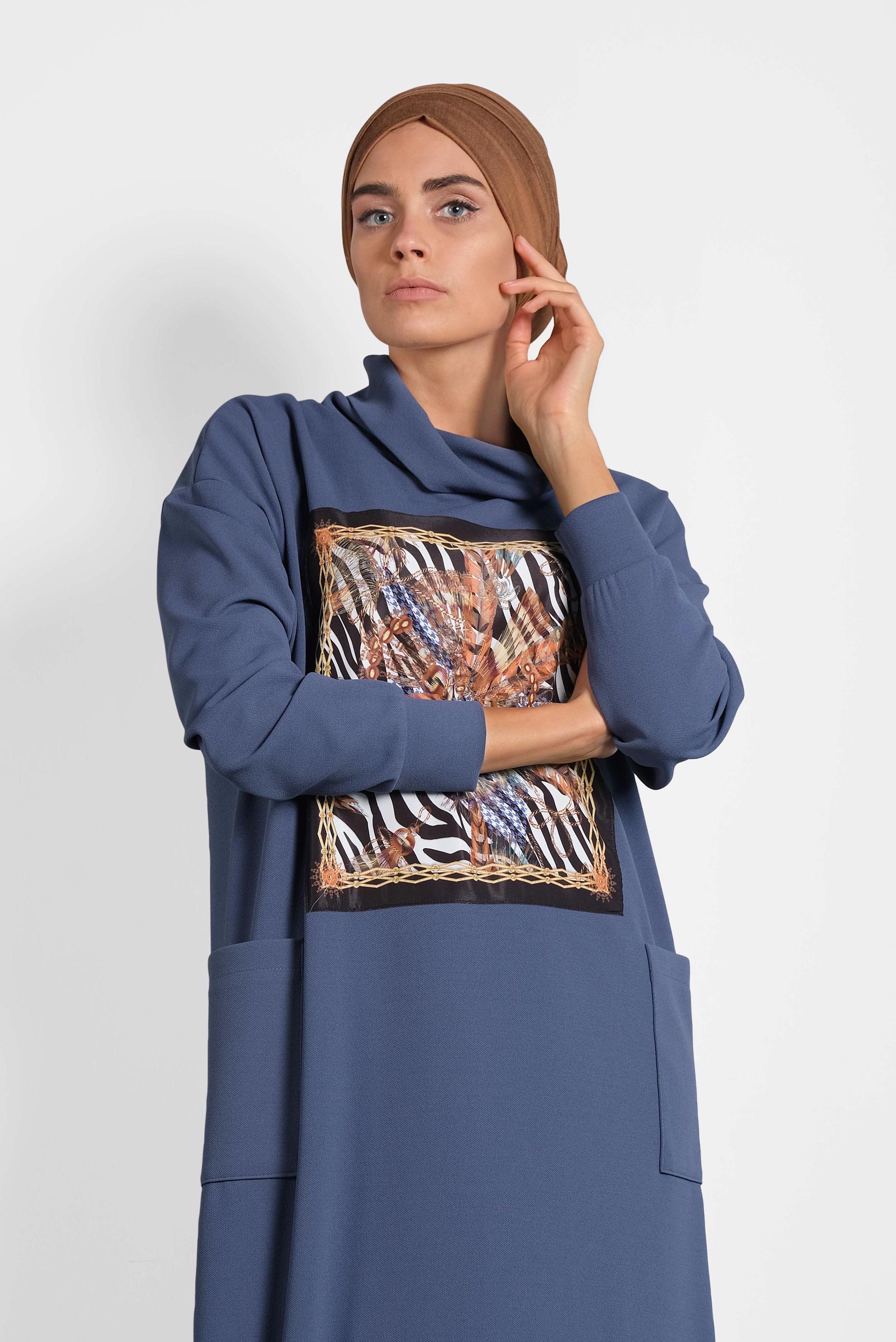 Tesettür giyim LACİVERT GENİŞ KESİM ŞAL YAKA ELBİSE 40110