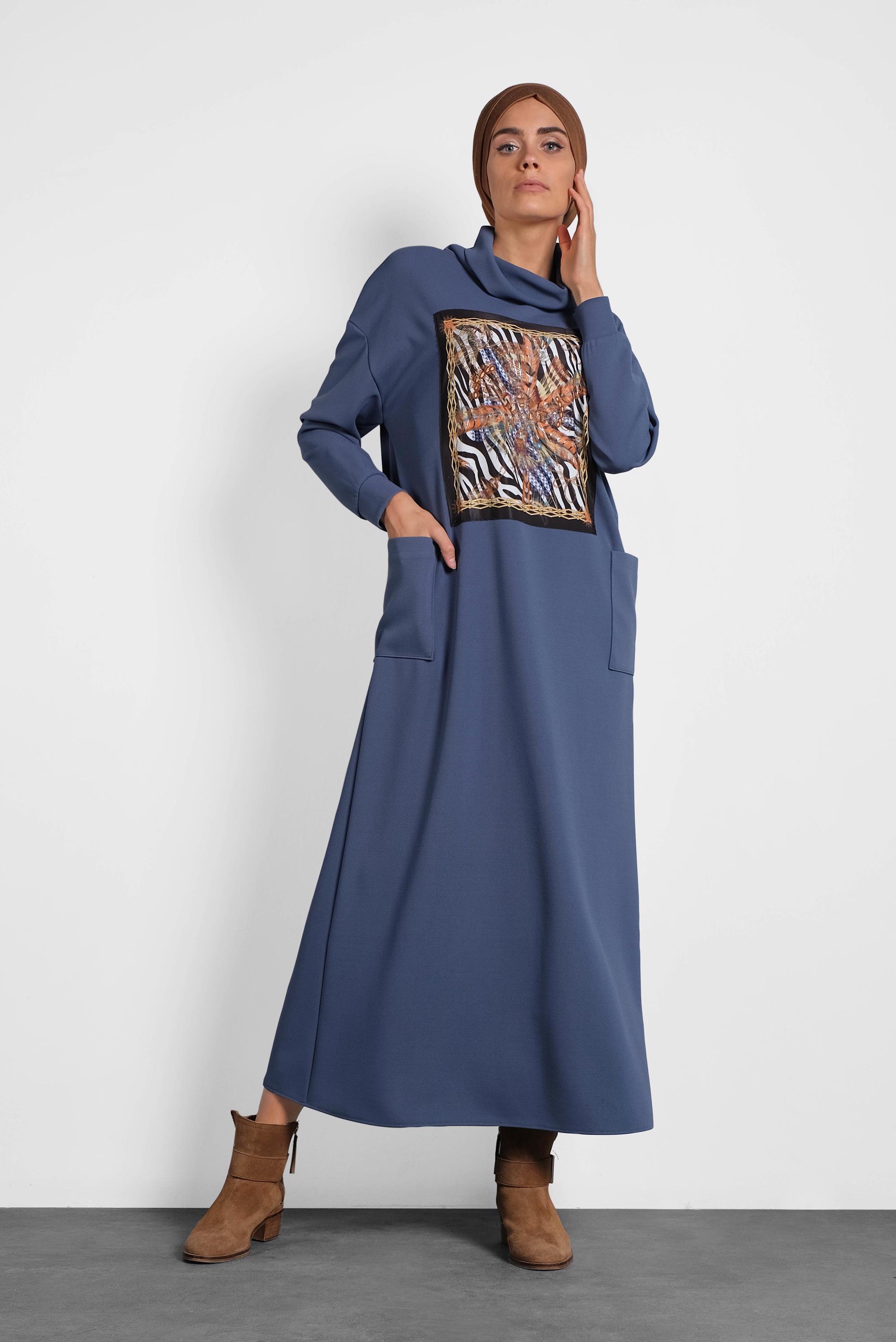 Tesettür giyim LACİVERT GENİŞ KESİM ŞAL YAKA ELBİSE 40110