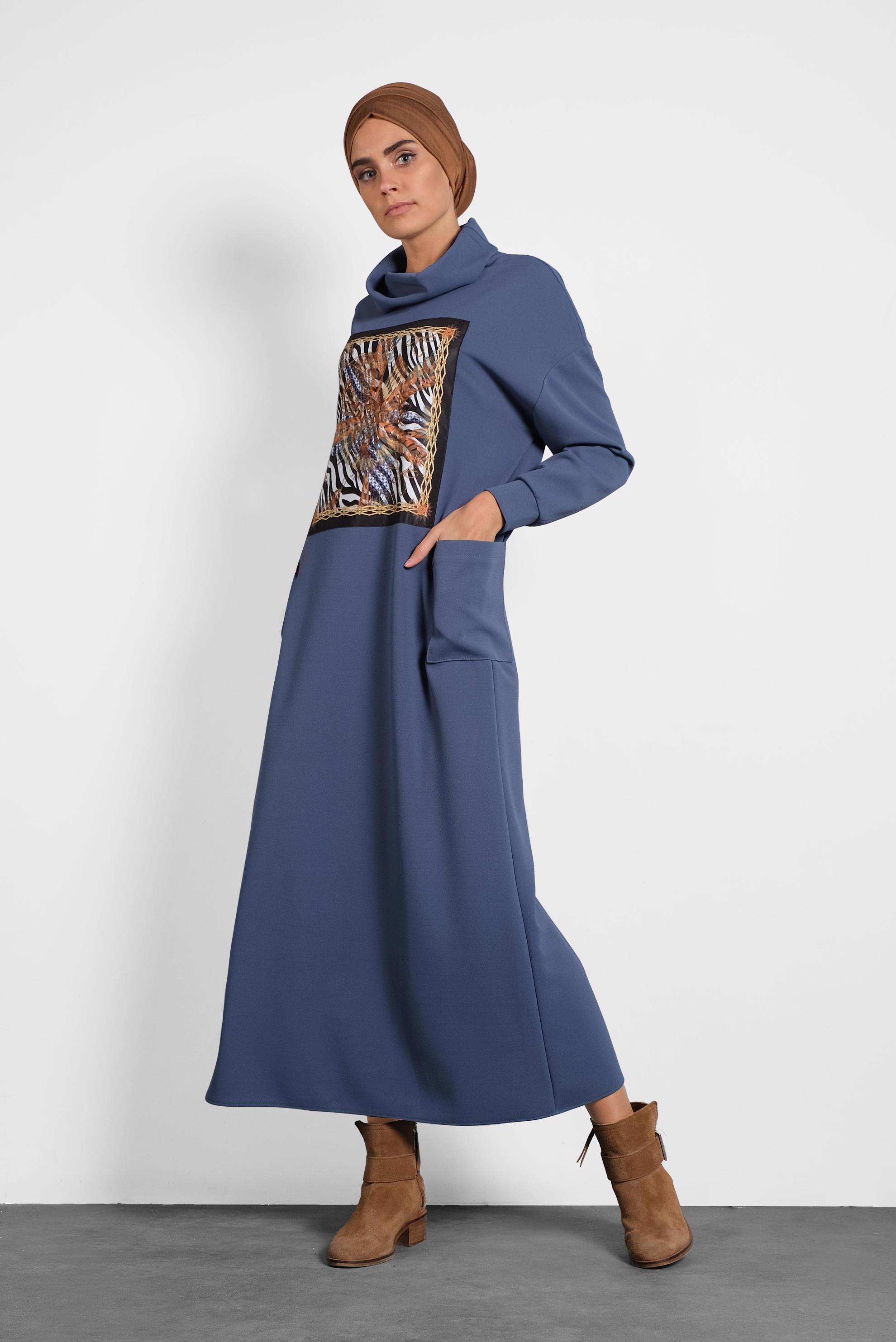 Tesettür giyim LACİVERT GENİŞ KESİM ŞAL YAKA ELBİSE 40110