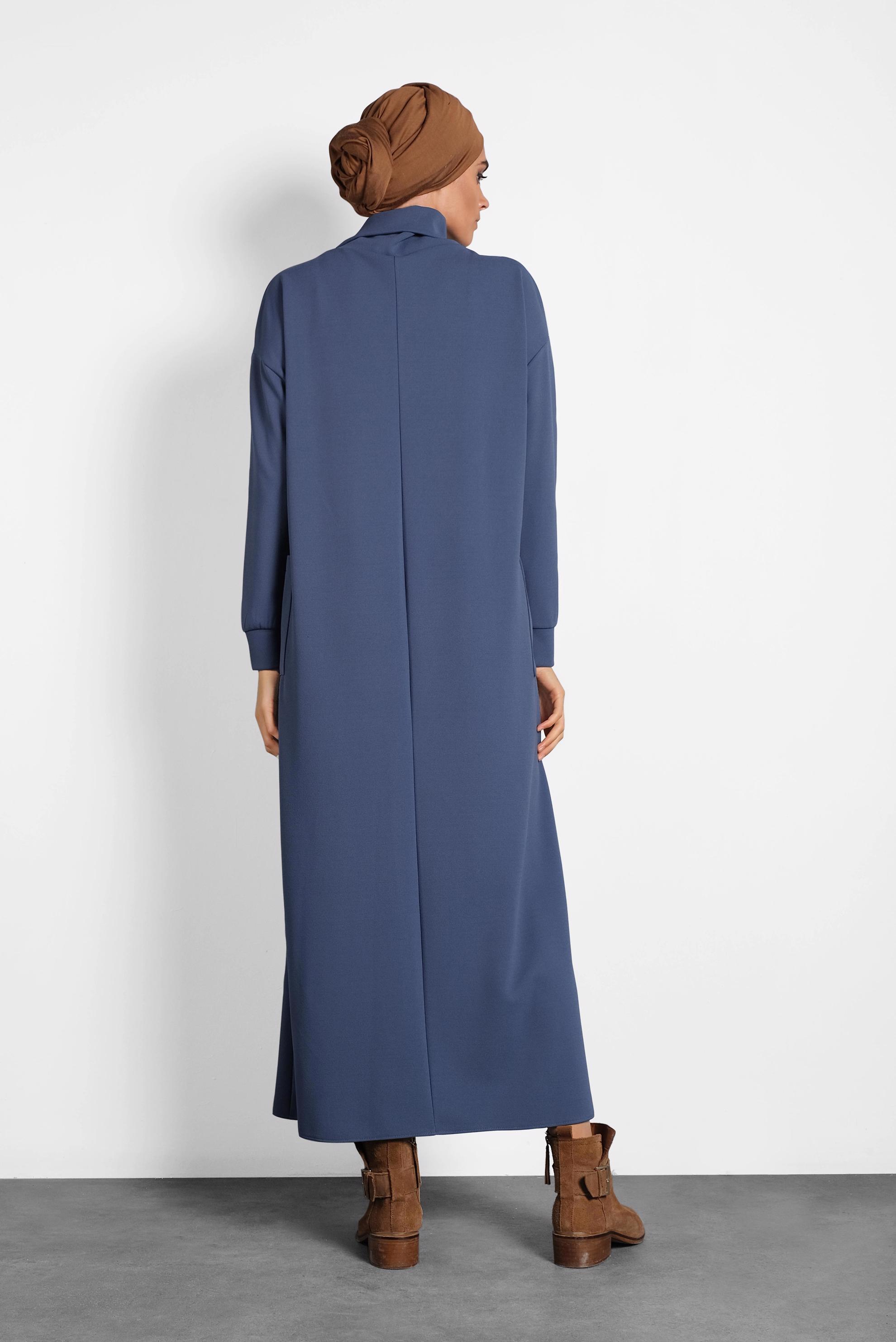 Tesettür giyim LACİVERT GENİŞ KESİM ŞAL YAKA ELBİSE 40110