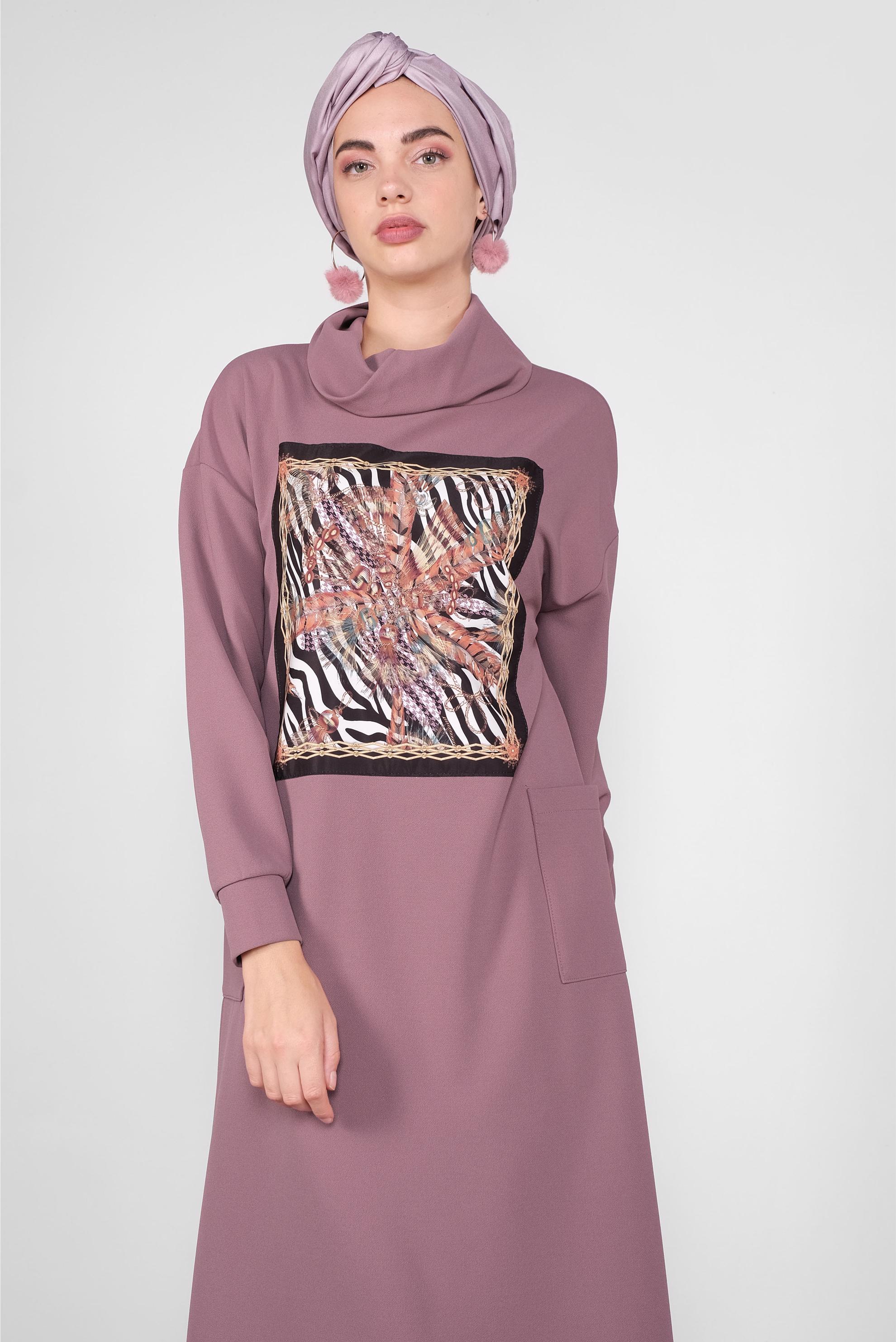 Tesettür giyim PEMBE GENİŞ KESİM ŞAL YAKA ELBİSE 40110