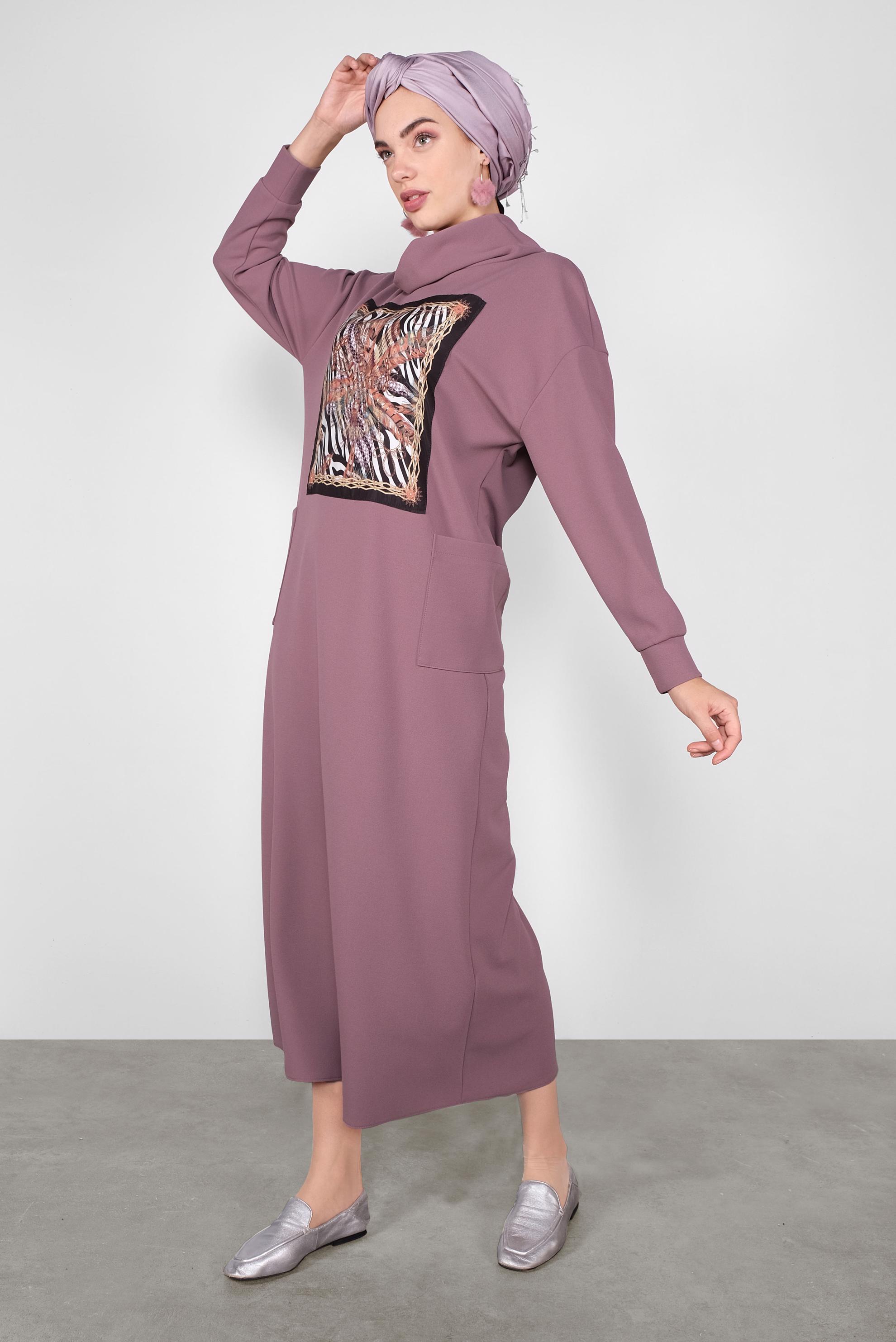 Tesettür giyim PEMBE GENİŞ KESİM ŞAL YAKA ELBİSE 40110