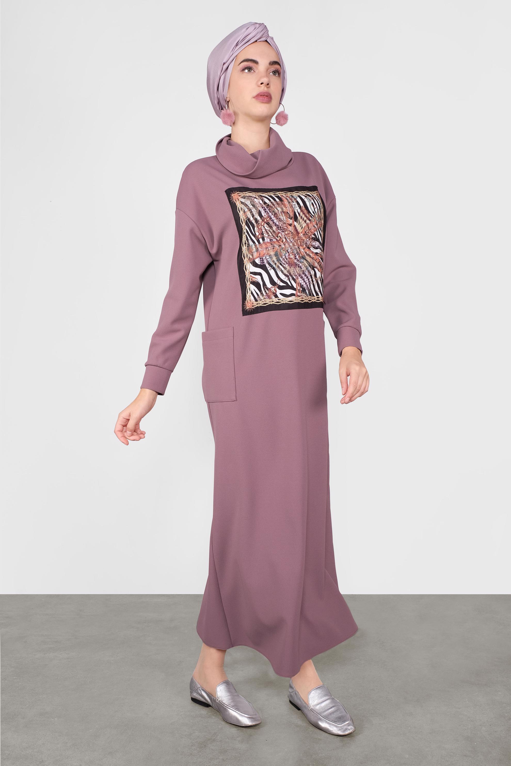 Tesettür giyim PEMBE GENİŞ KESİM ŞAL YAKA ELBİSE 40110