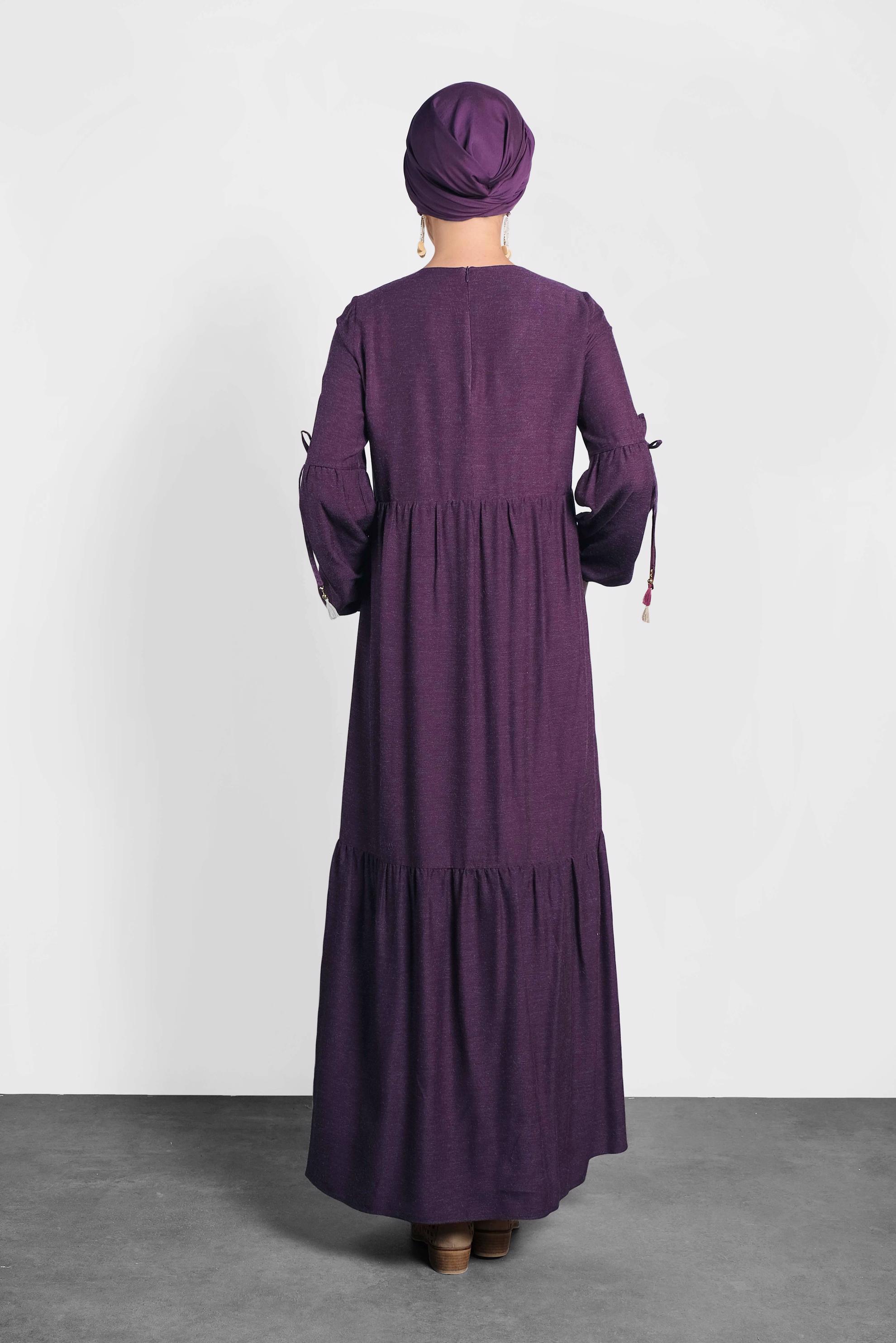 Tesettür giyim MOR PUL İŞLEMELİ KOLLARI BAĞCIKLI ELBİSE 40118 