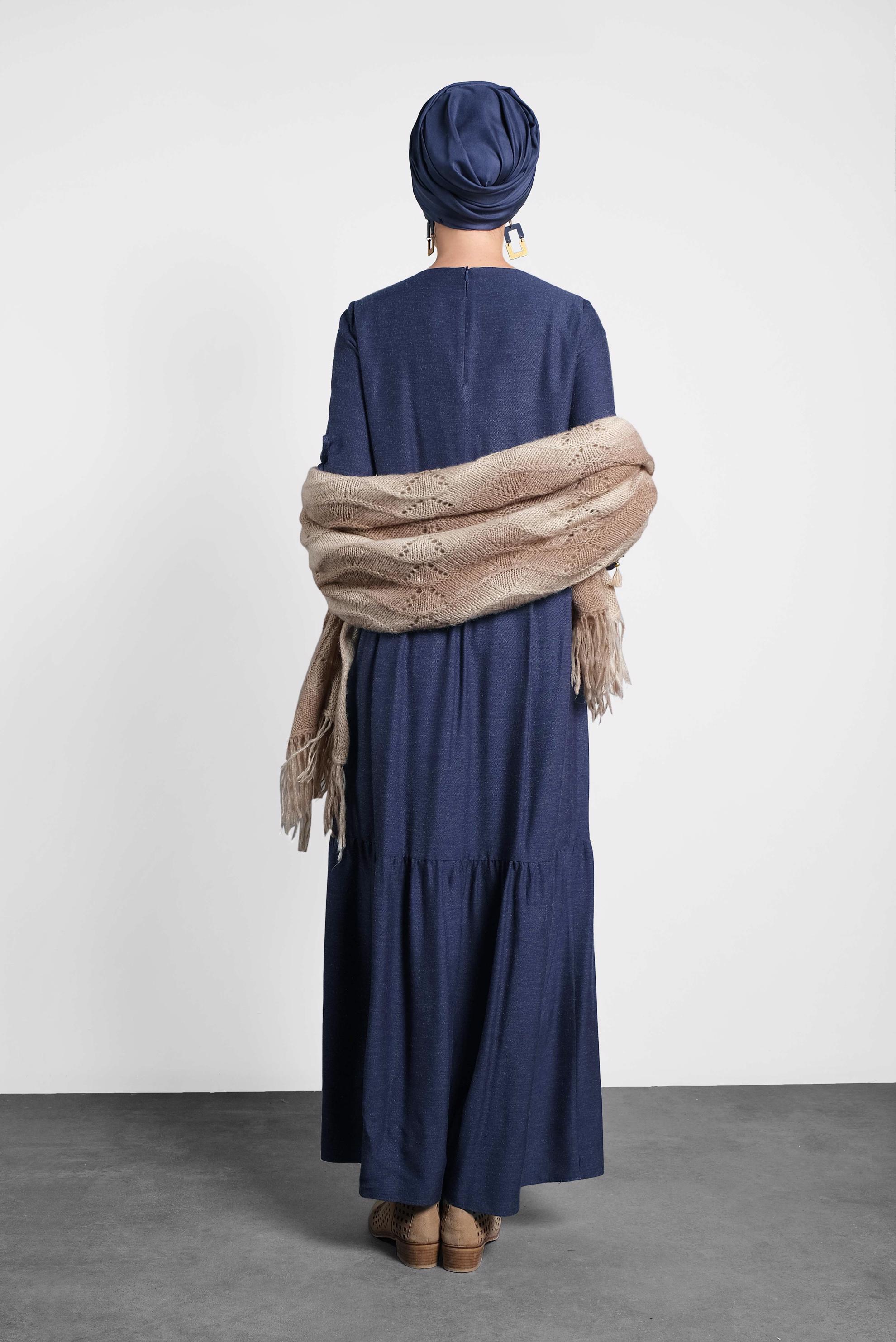 Tesettür giyim LACİVERT PUL İŞLEMELİ KOLLARI BAĞCIKLI ELBİSE 40118 