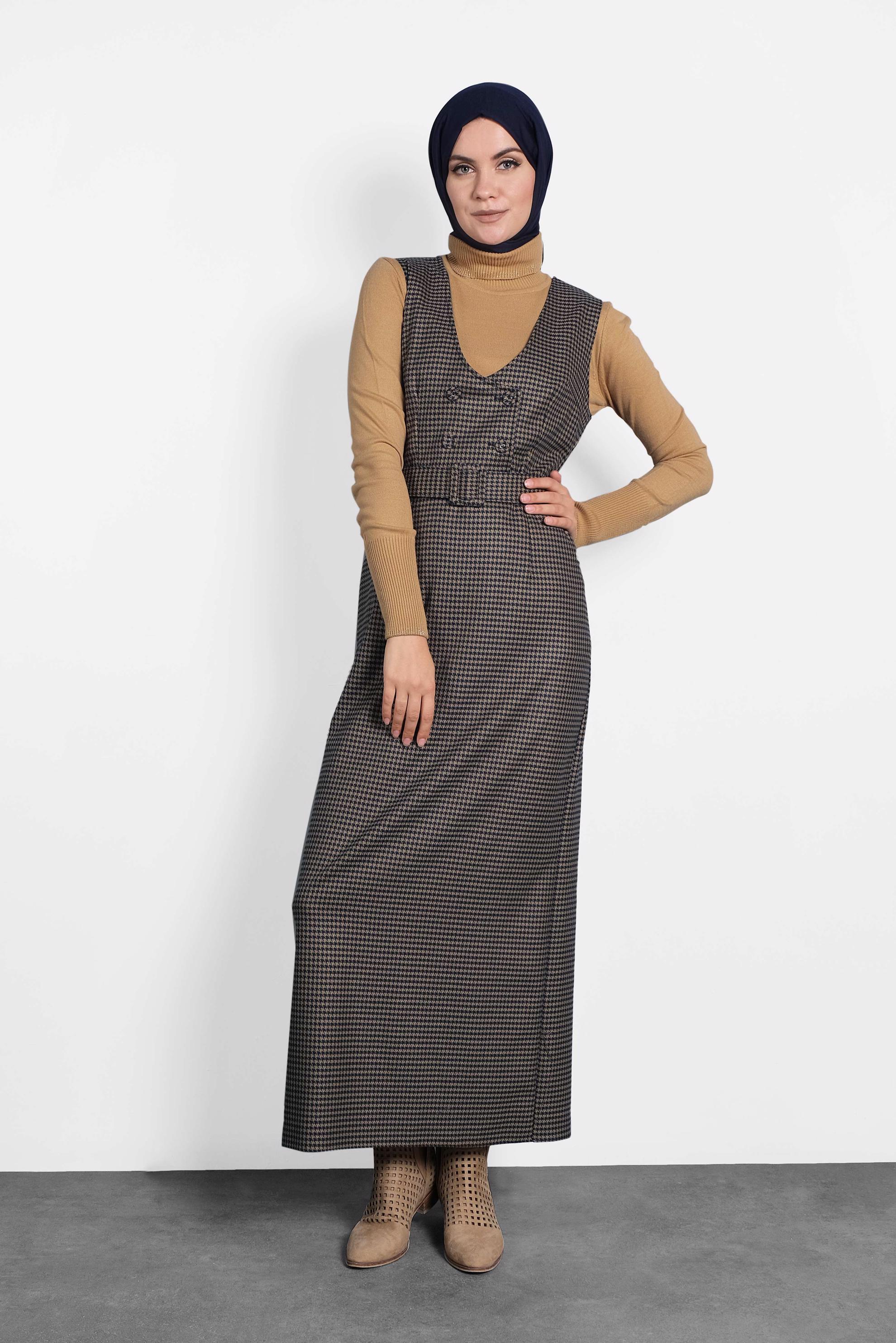 Tesettür giyim LACİVERT DÜĞMELİ KEMERLİ KAZAYAĞI DESEN ELBİSE 40126 