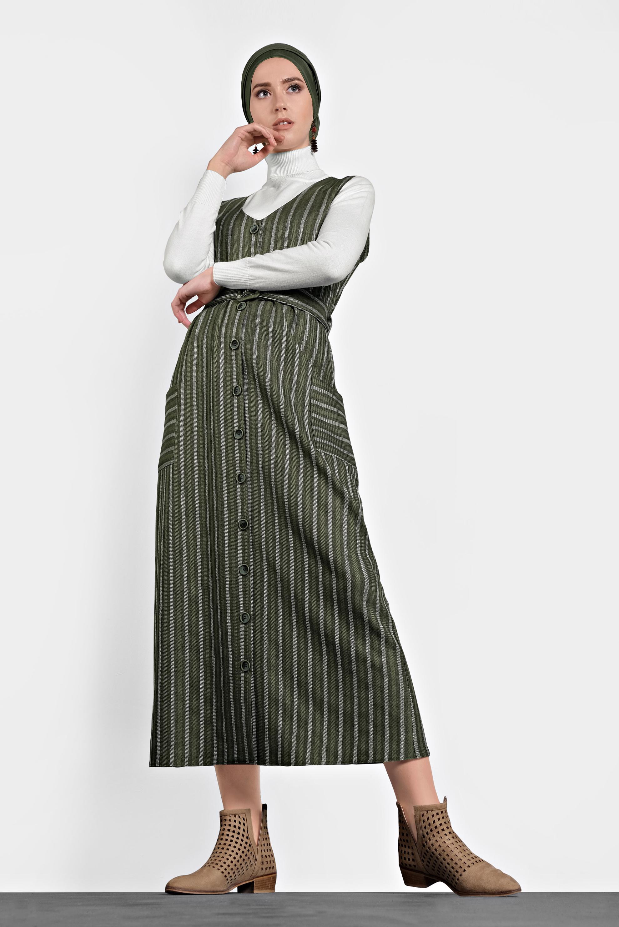 Tesettür giyim HAKİ ÇİZGİLİ DÜĞMELİ ELBİSE 40127