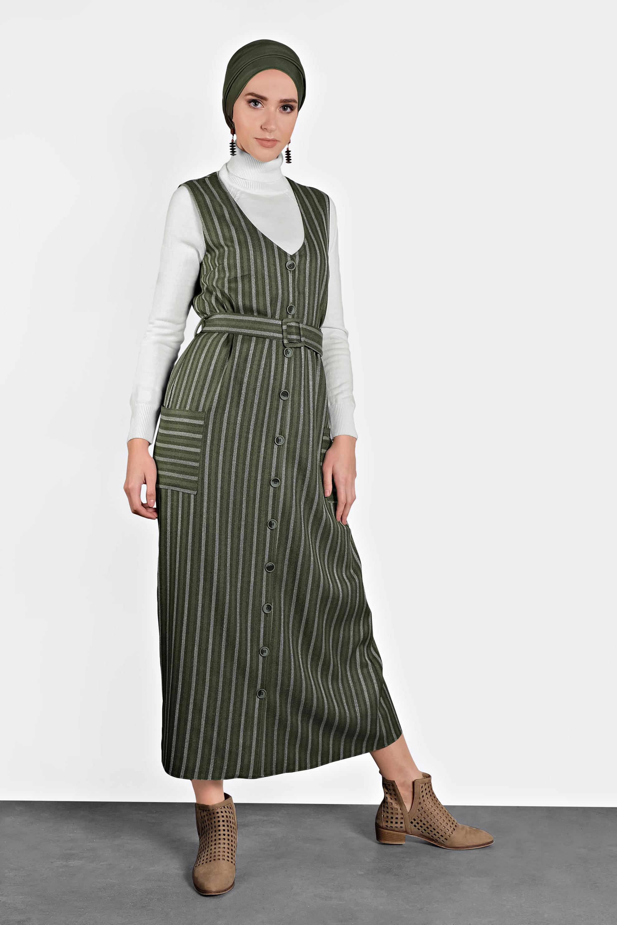 Tesettür giyim HAKİ ÇİZGİLİ DÜĞMELİ ELBİSE 40127