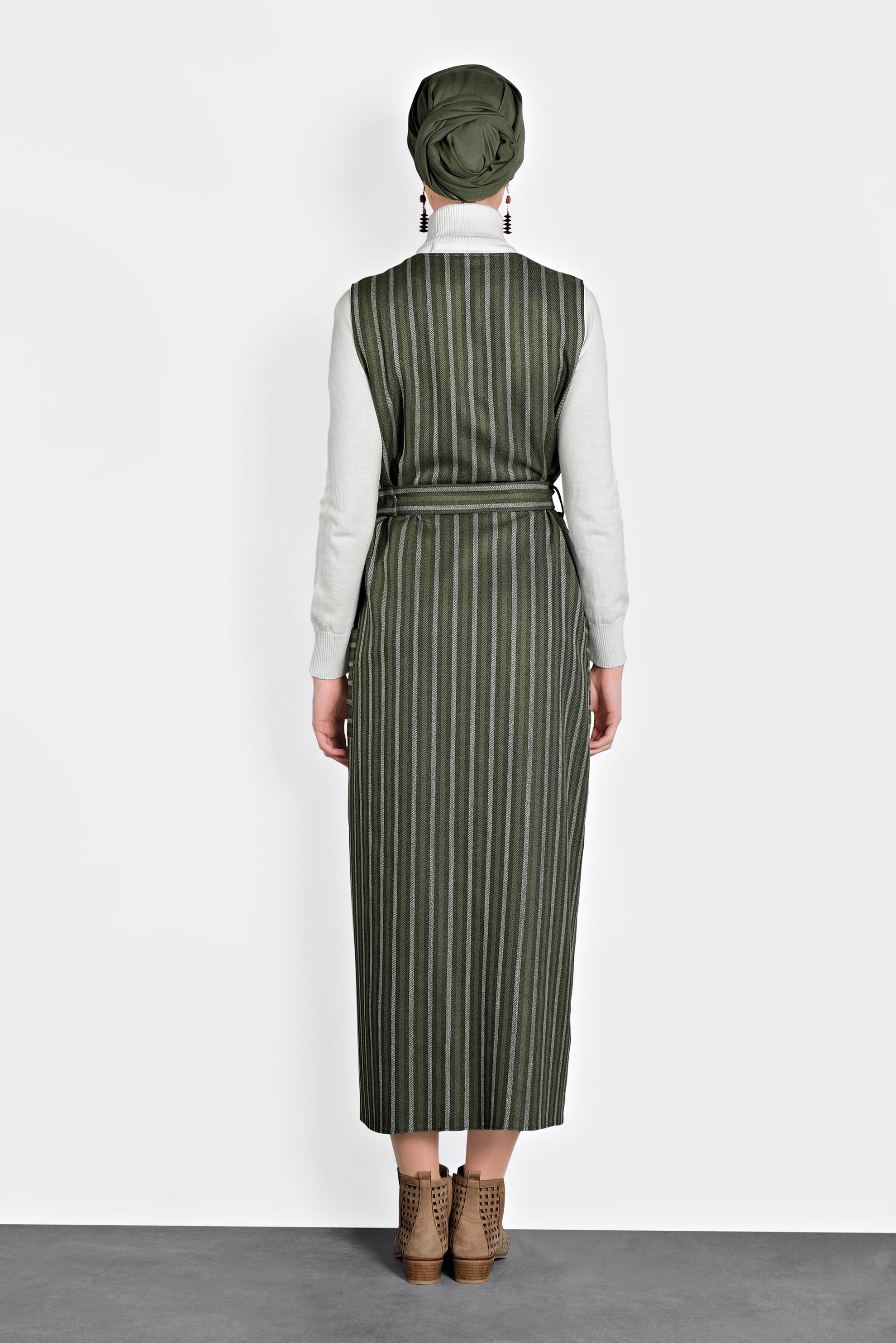 Tesettür giyim HAKİ ÇİZGİLİ DÜĞMELİ ELBİSE 40127