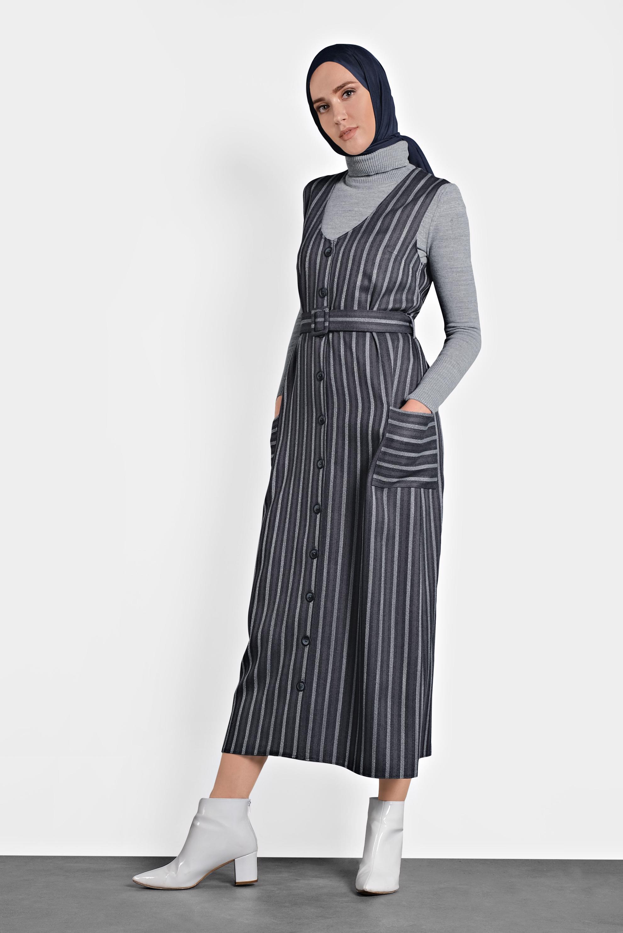 Tesettür giyim LACİVERT ÇİZGİLİ DÜĞMELİ ELBİSE 40127