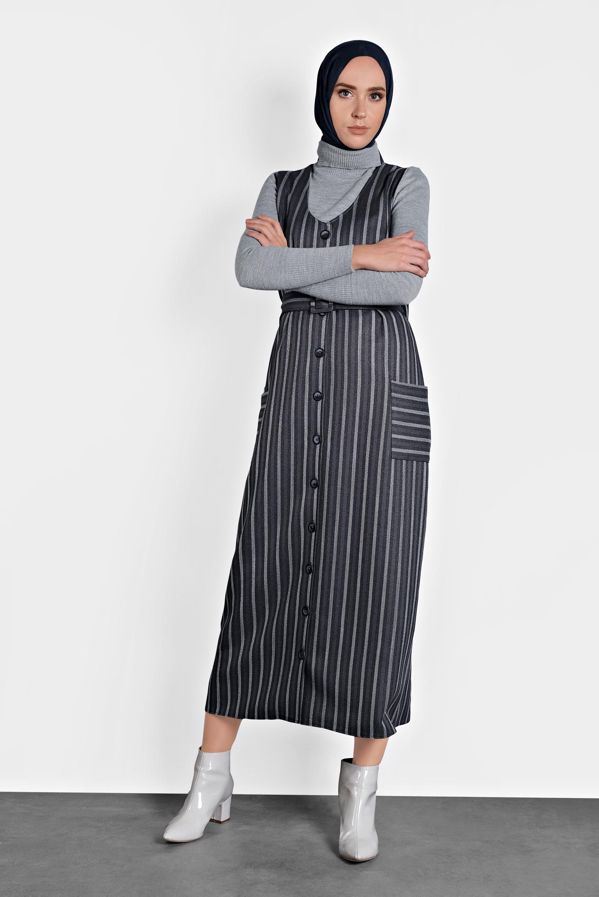 Tesettür giyim LACİVERT ÇİZGİLİ DÜĞMELİ ELBİSE 40127