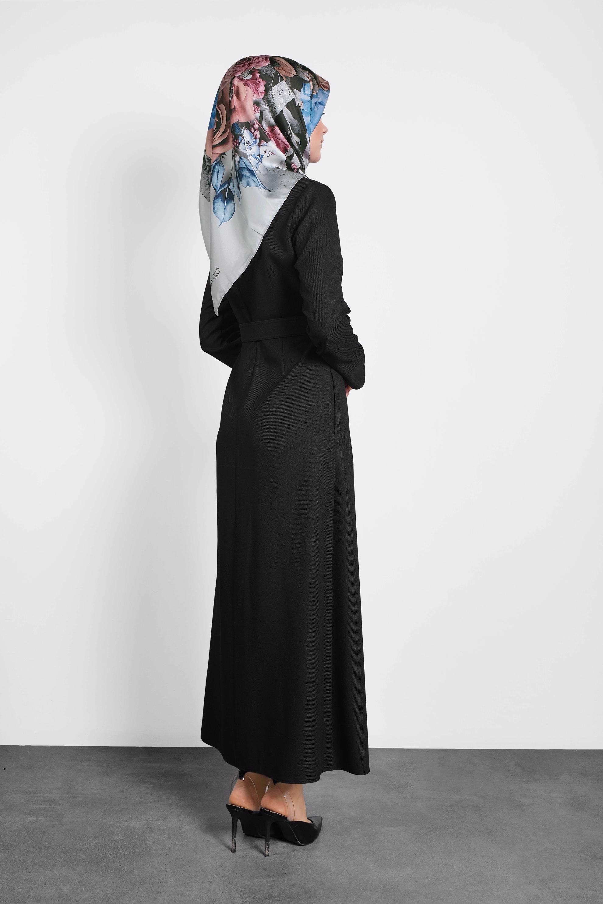 Tesettür giyim SİYAH KEMERLİ DÜĞMELİ ELBİSE 40134	