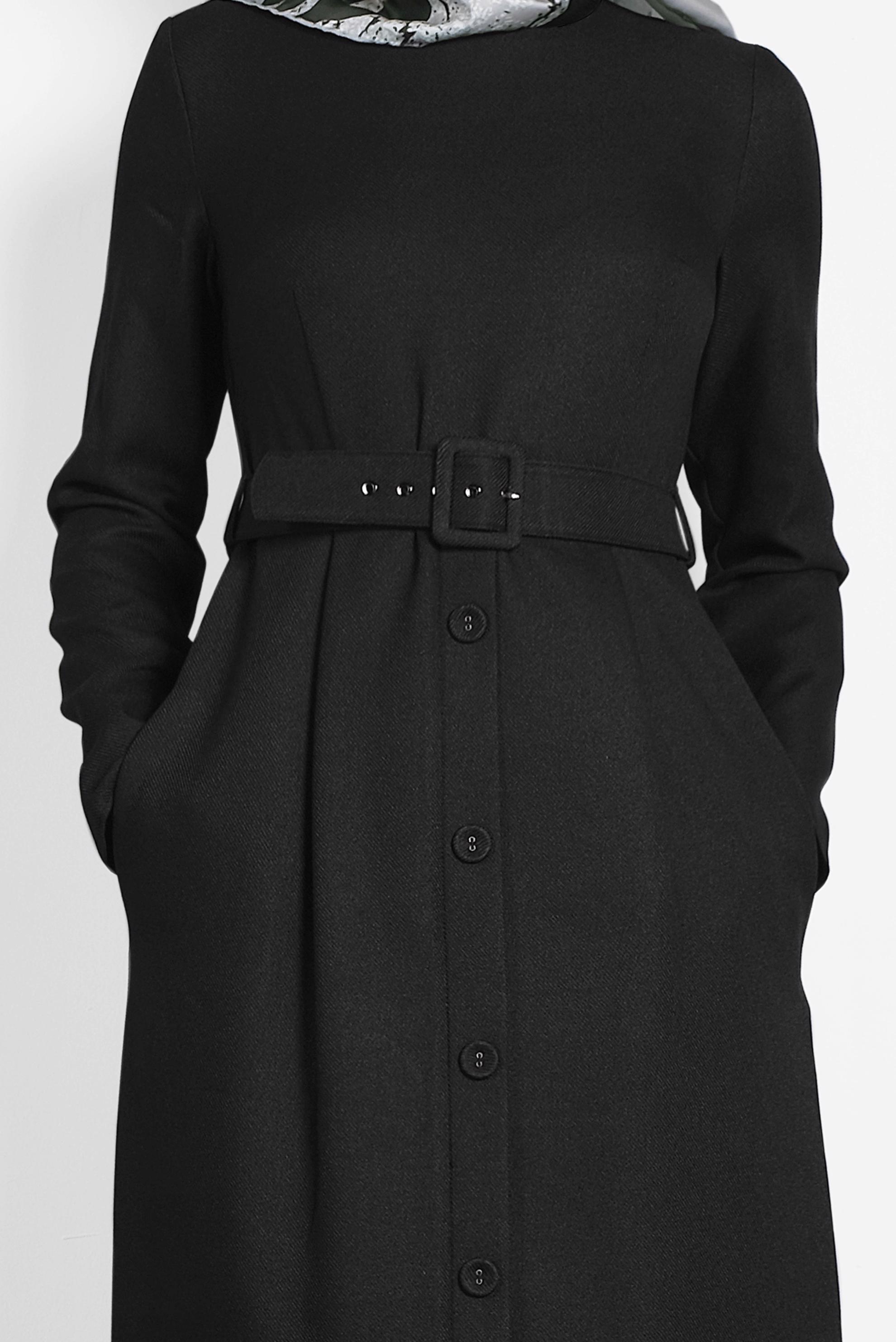 Tesettür giyim SİYAH KEMERLİ DÜĞMELİ ELBİSE 40134	